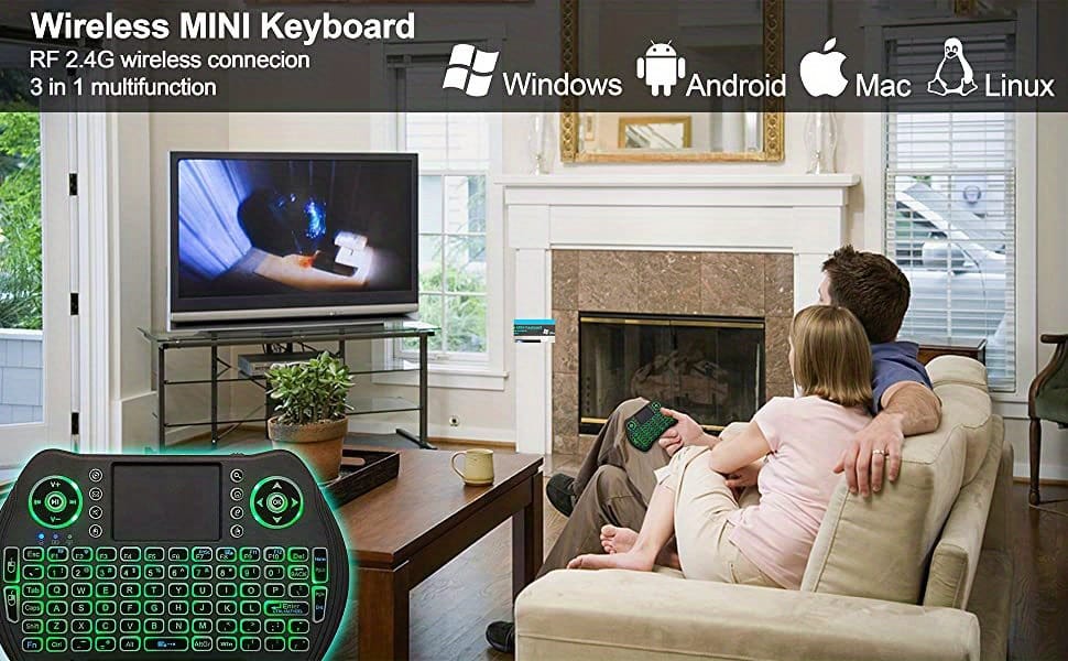 MXQ Backlit Mini Wireless Keyboard Touchpad Mouse Combo Remote Control, Rechargeable Li-ion Polymer Battery, 300mAh, USB Charging, 2.4G/3G/4G/5G, with Multimedia Keys, for Android TV Box, HTPC, PS3, Smart TV, PC, X-Box, Linux, Windows, MacOS