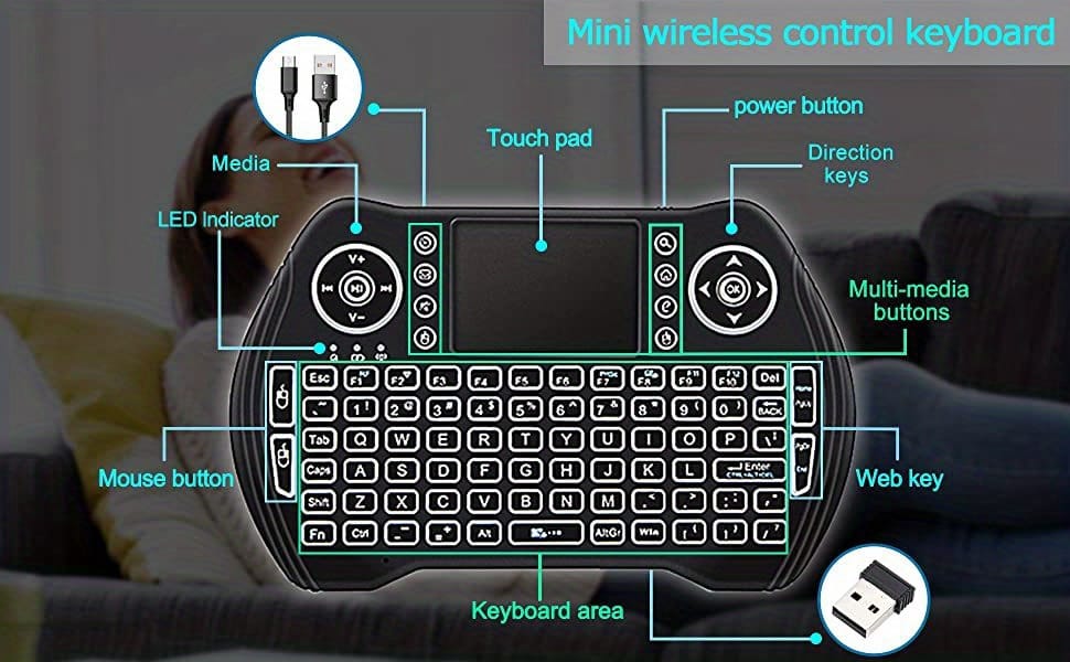 MXQ Backlit Mini Wireless Keyboard Touchpad Mouse Combo Remote Control, Rechargeable Li-ion Polymer Battery, 300mAh, USB Charging, 2.4G/3G/4G/5G, with Multimedia Keys, for Android TV Box, HTPC, PS3, Smart TV, PC, X-Box, Linux, Windows, MacOS