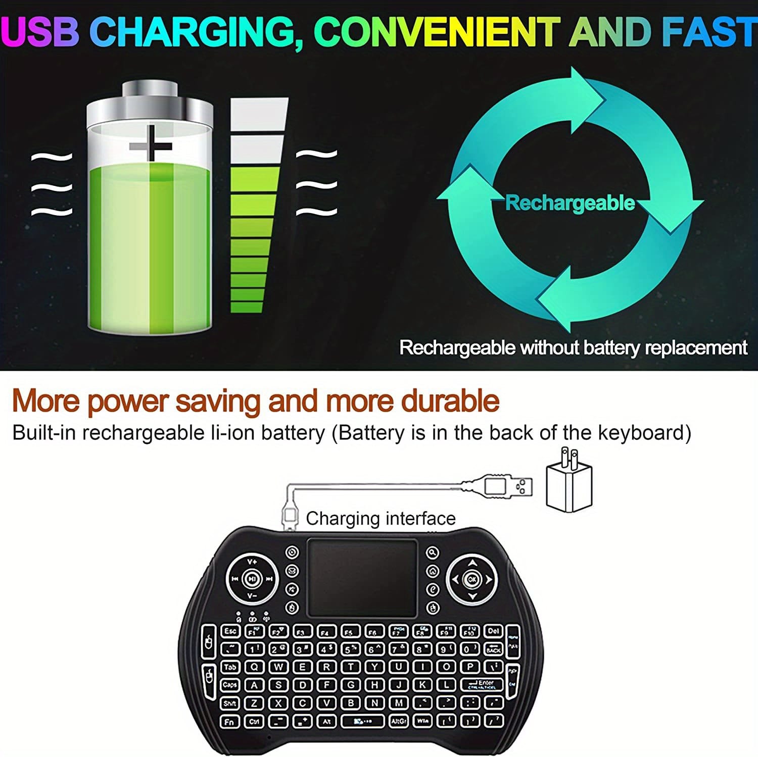 MXQ Backlit Mini Wireless Keyboard Touchpad Mouse Combo Remote Control, Rechargeable Li-ion Polymer Battery, 300mAh, USB Charging, 2.4G/3G/4G/5G, with Multimedia Keys, for Android TV Box, HTPC, PS3, Smart TV, PC, X-Box, Linux, Windows, MacOS