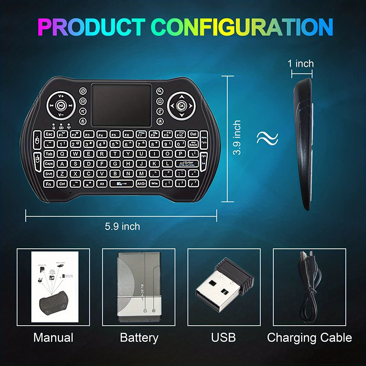 MXQ Backlit Mini Wireless Keyboard Touchpad Mouse Combo Remote Control, Rechargeable Li-ion Polymer Battery, 300mAh, USB Charging, 2.4G/3G/4G/5G, with Multimedia Keys, for Android TV Box, HTPC, PS3, Smart TV, PC, X-Box, Linux, Windows, MacOS