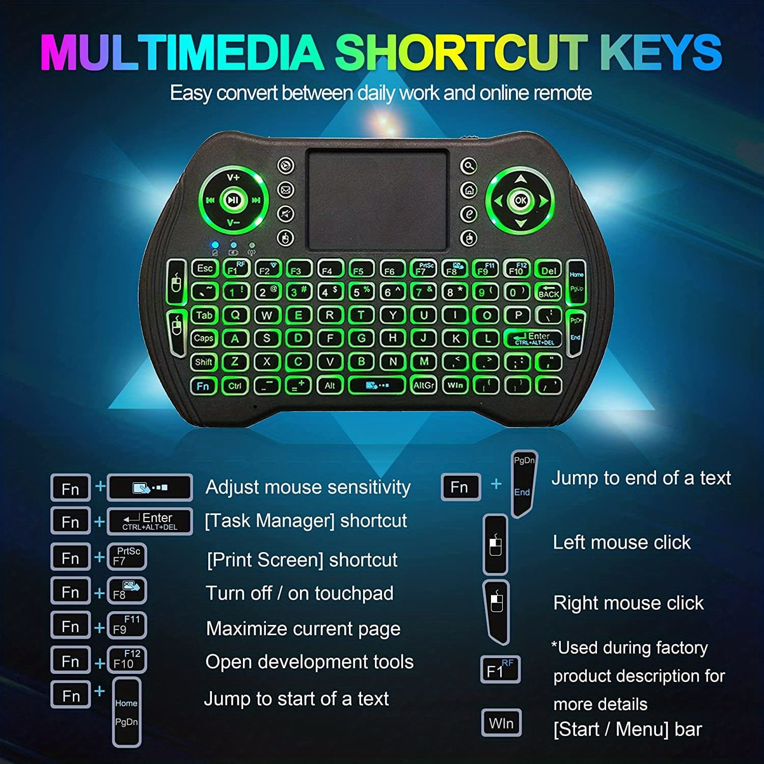 MXQ Backlit Mini Wireless Keyboard Touchpad Mouse Combo Remote Control, Rechargeable Li-ion Polymer Battery, 300mAh, USB Charging, 2.4G/3G/4G/5G, with Multimedia Keys, for Android TV Box, HTPC, PS3, Smart TV, PC, X-Box, Linux, Windows, MacOS