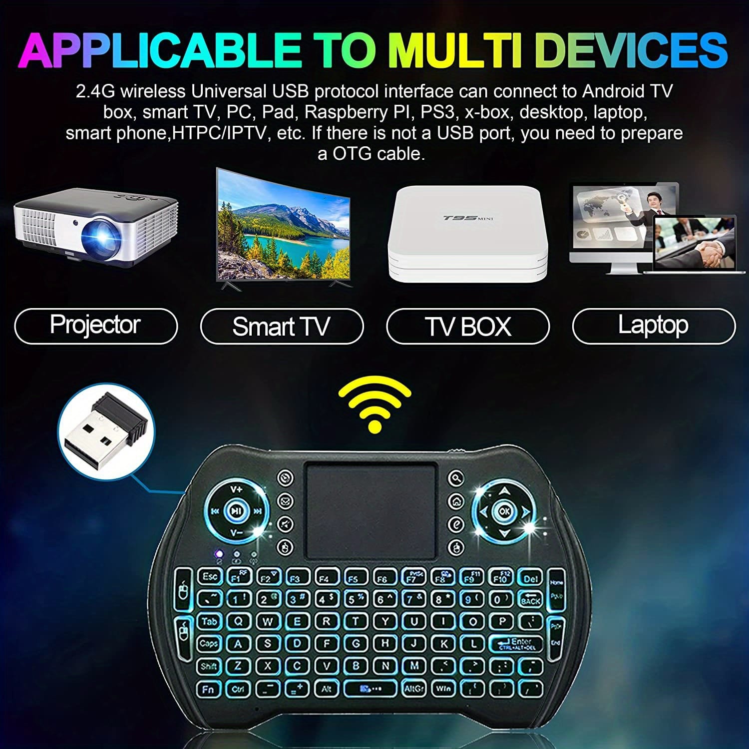 MXQ Backlit Mini Wireless Keyboard Touchpad Mouse Combo Remote Control, Rechargeable Li-ion Polymer Battery, 300mAh, USB Charging, 2.4G/3G/4G/5G, with Multimedia Keys, for Android TV Box, HTPC, PS3, Smart TV, PC, X-Box, Linux, Windows, MacOS