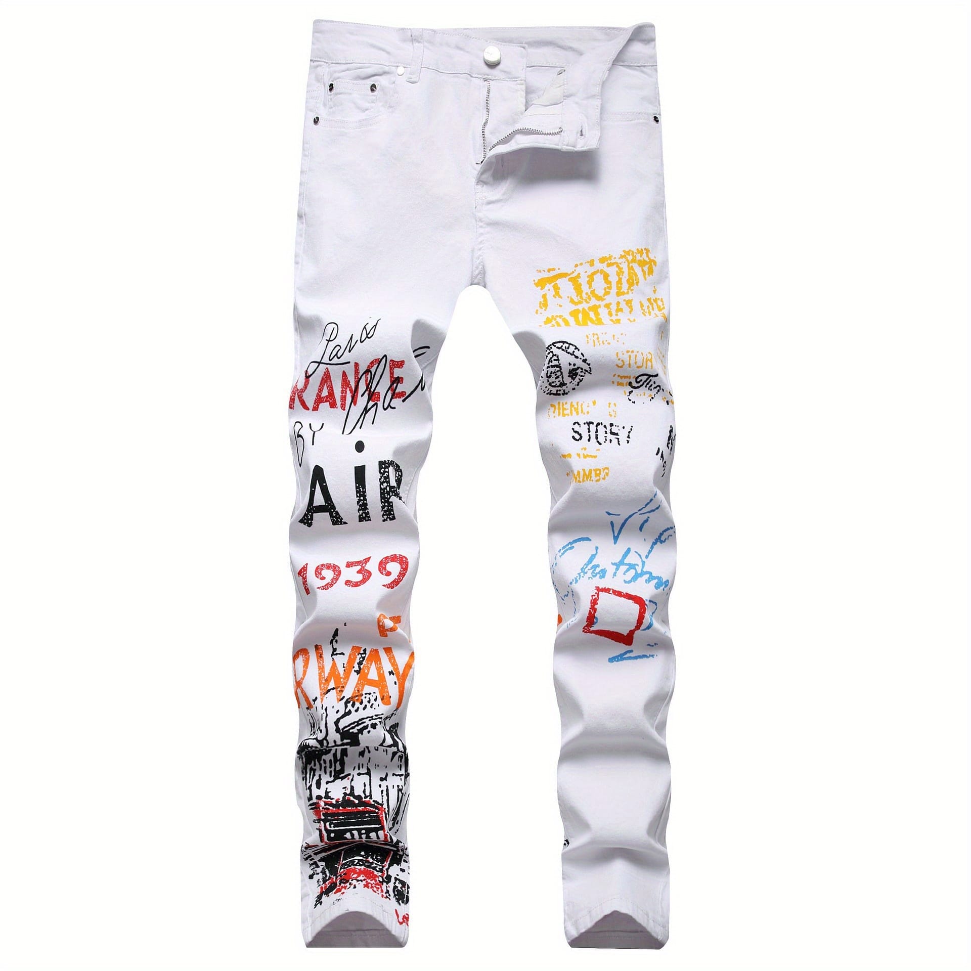 Plus Size Men's Creative Cartoon Graffiti Graphic Print Denim Pants, Stylish Slim Fit Jeans With Medium Stretchy For Summer