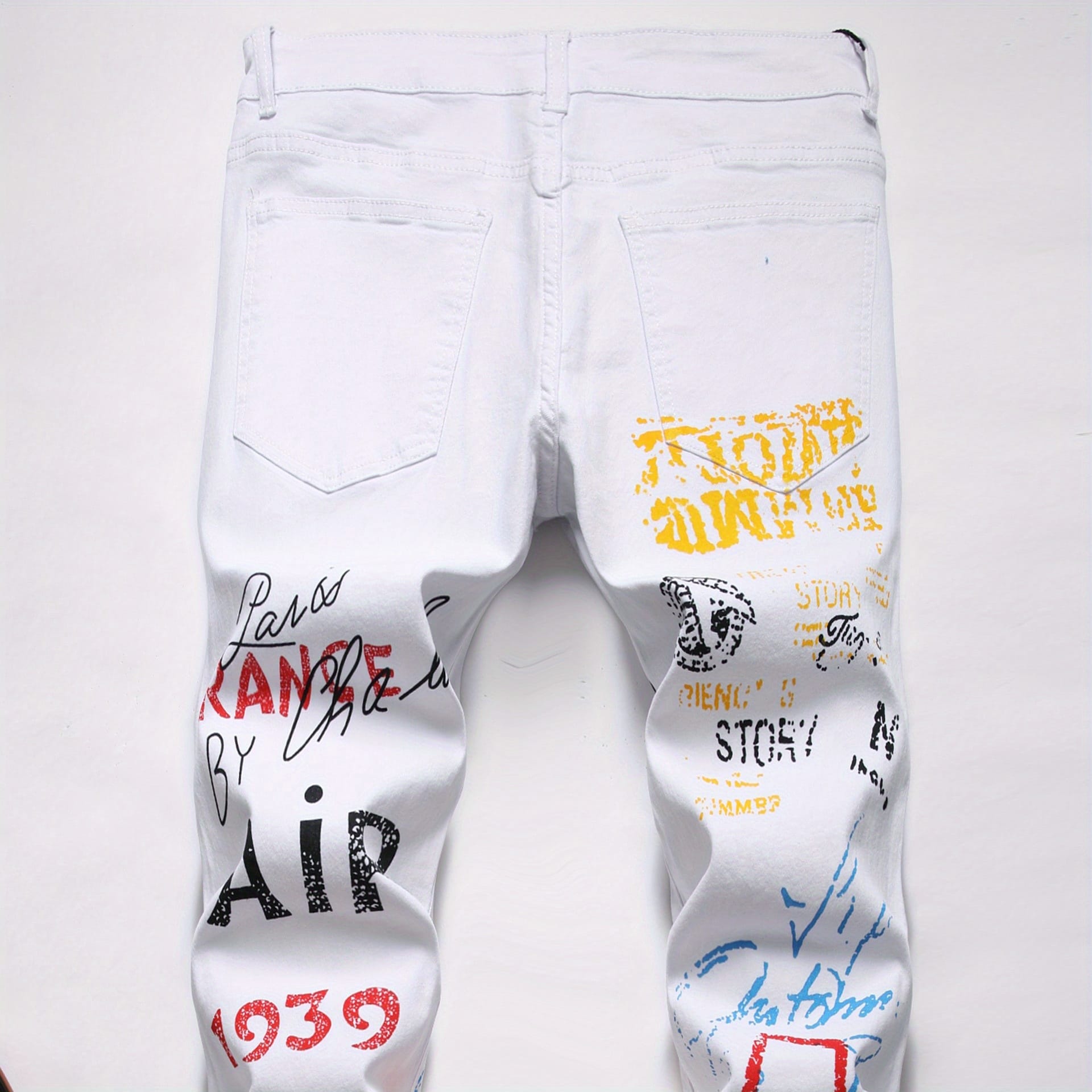 Plus Size Men's Creative Cartoon Graffiti Graphic Print Denim Pants, Stylish Slim Fit Jeans With Medium Stretchy For Summer