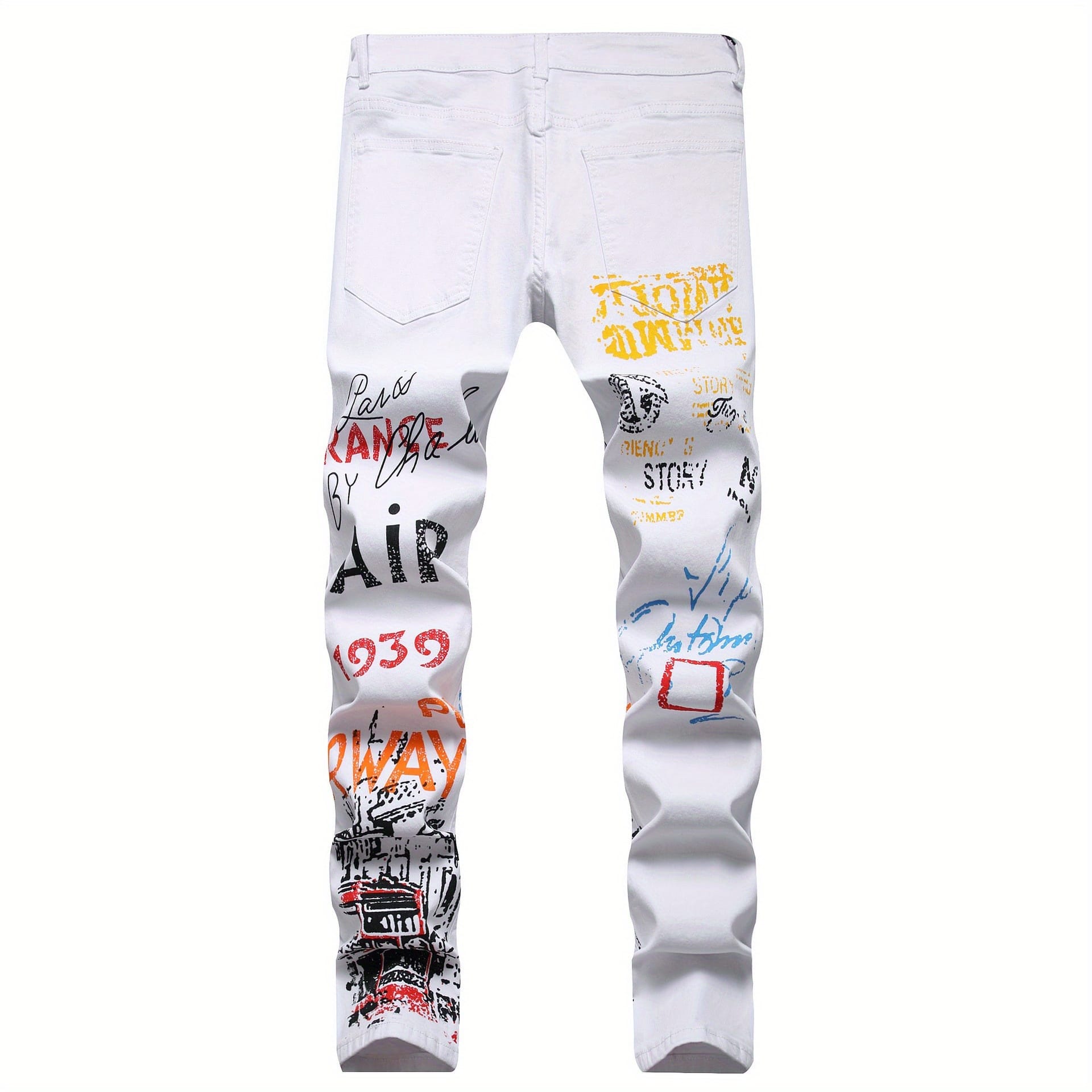 Plus Size Men's Creative Cartoon Graffiti Graphic Print Denim Pants, Stylish Slim Fit Jeans With Medium Stretchy For Summer
