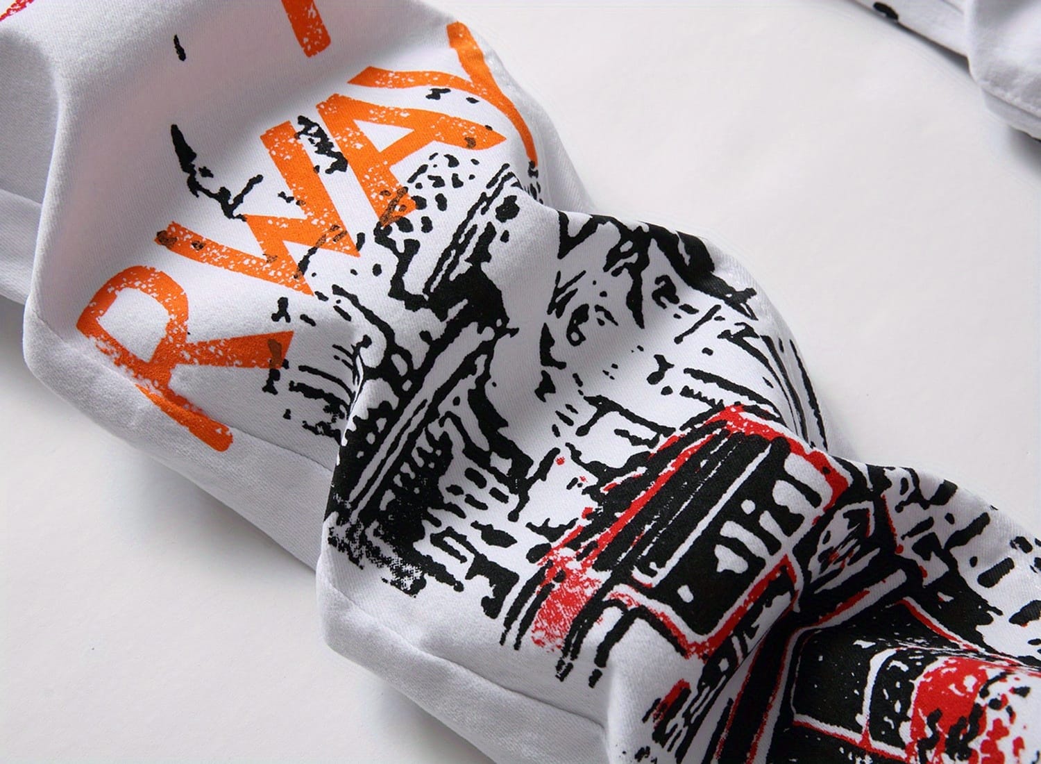 Plus Size Men's Creative Cartoon Graffiti Graphic Print Denim Pants, Stylish Slim Fit Jeans With Medium Stretchy For Summer