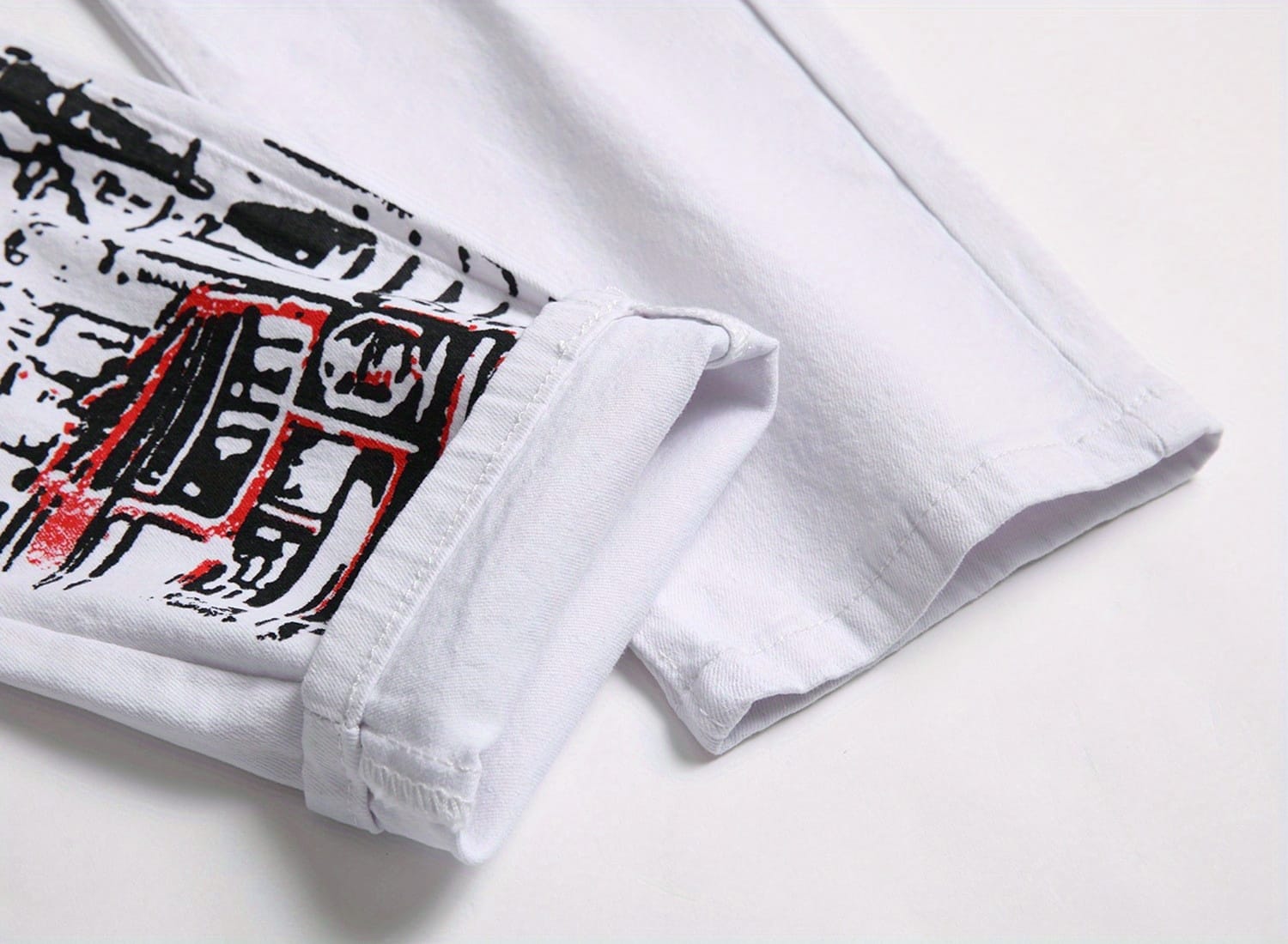 Plus Size Men's Creative Cartoon Graffiti Graphic Print Denim Pants, Stylish Slim Fit Jeans With Medium Stretchy For Summer