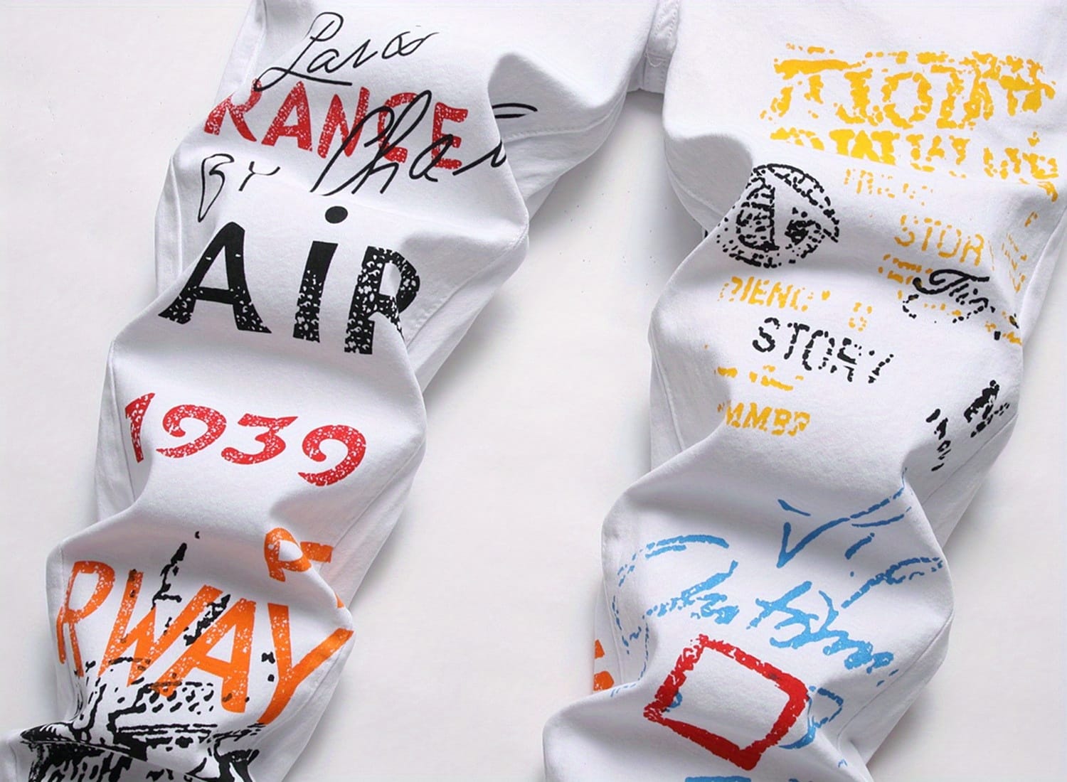 Plus Size Men's Creative Cartoon Graffiti Graphic Print Denim Pants, Stylish Slim Fit Jeans With Medium Stretchy For Summer