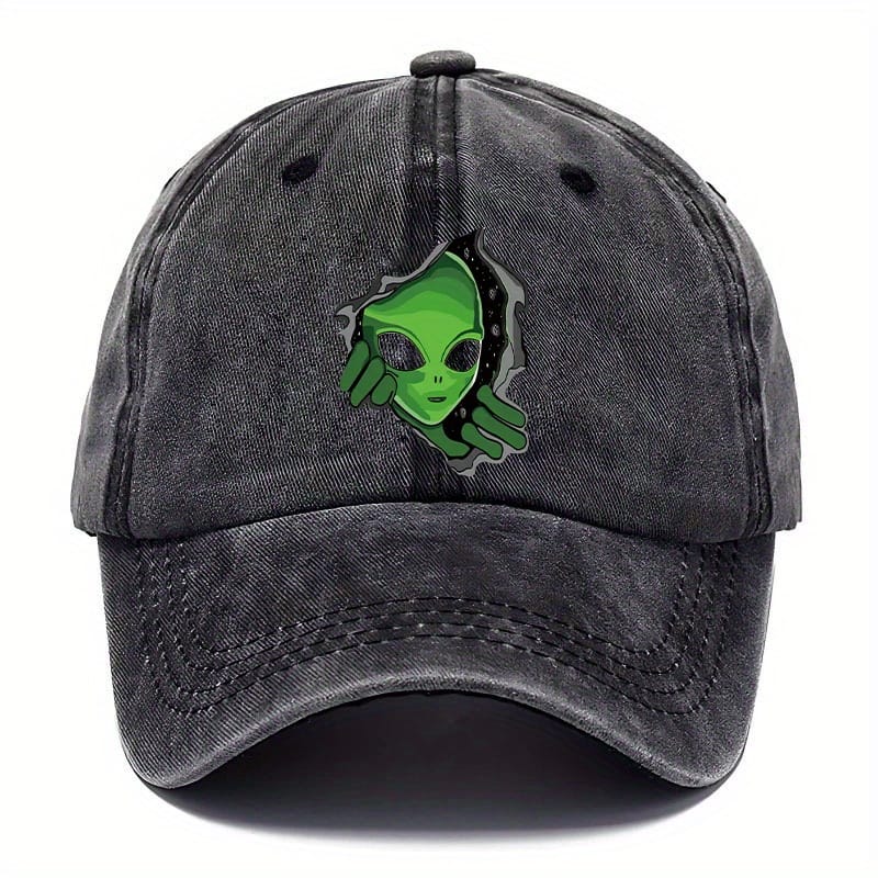Alien-Themed Baseball Cap - Vintage Washed Look with Green Alien Design, Adjustable Fit, Ideal for Halloween & Outdoor Fashion, Playful Pattern Hat
