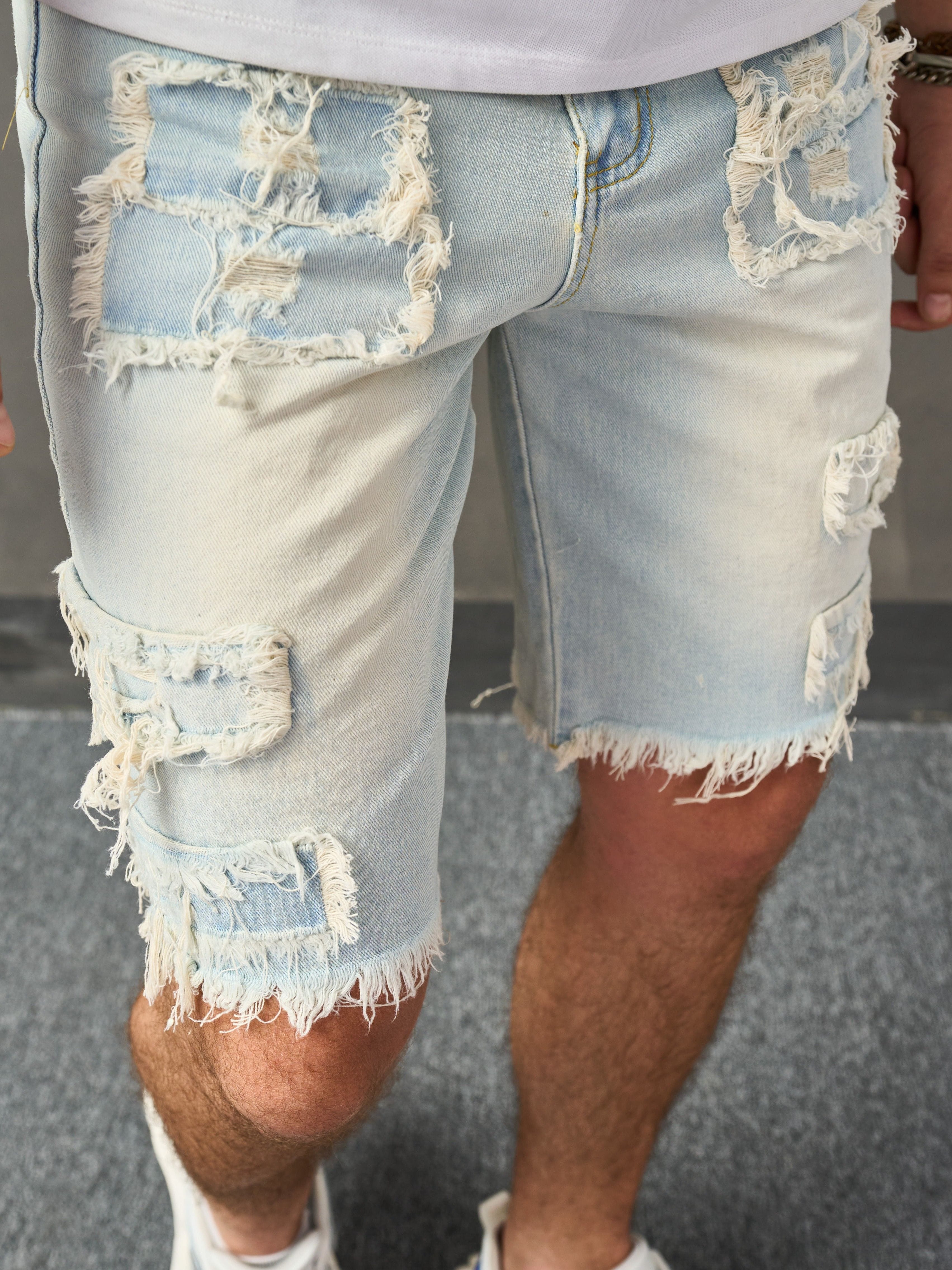 Men's Distressed Denim Shorts - Casual Mid-Length with Raw Hem, Solid Color Sky Blue, Cotton Blend, Machine Washable