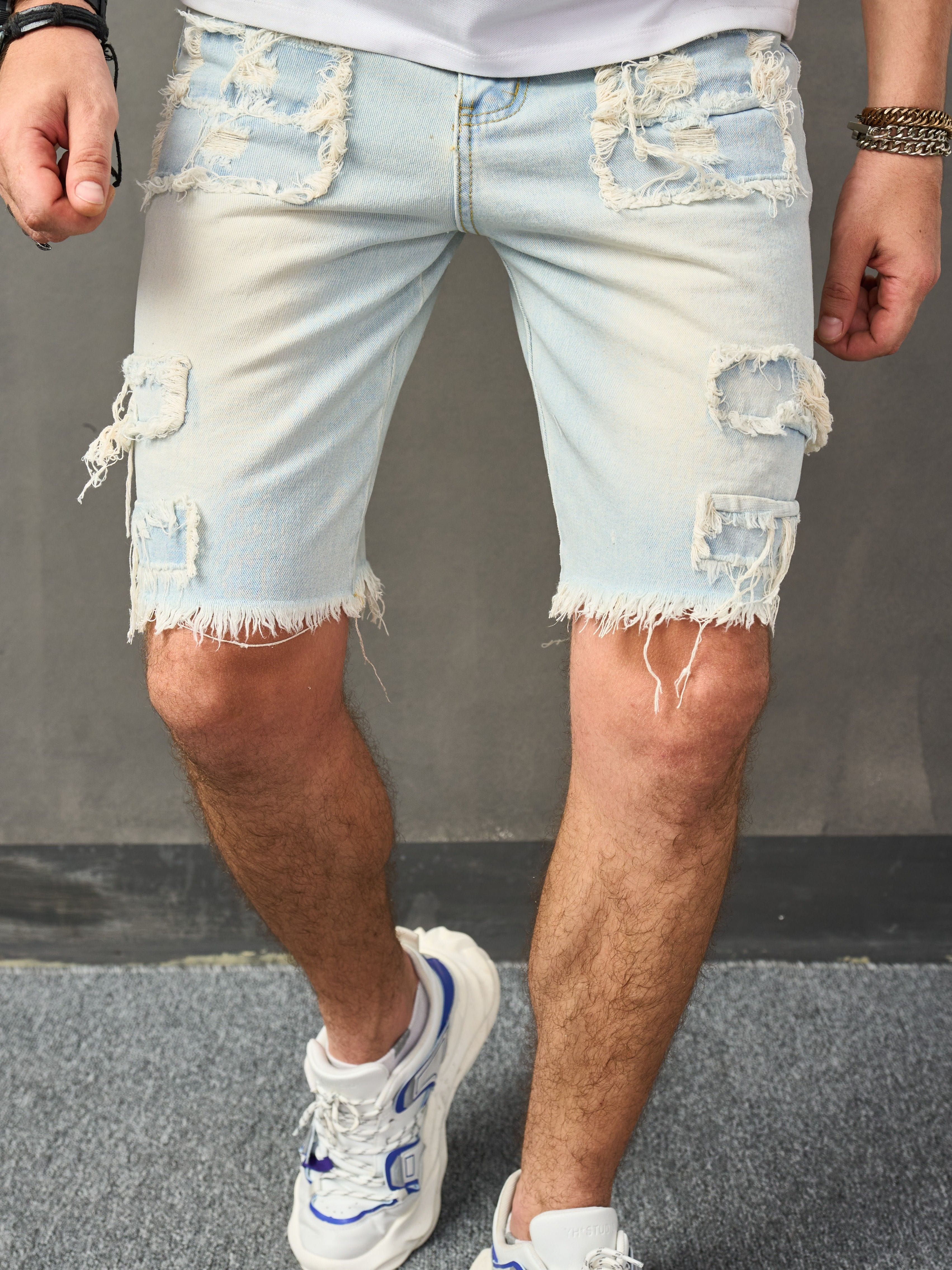 Men's Distressed Denim Shorts - Casual Mid-Length with Raw Hem, Solid Color Sky Blue, Cotton Blend, Machine Washable
