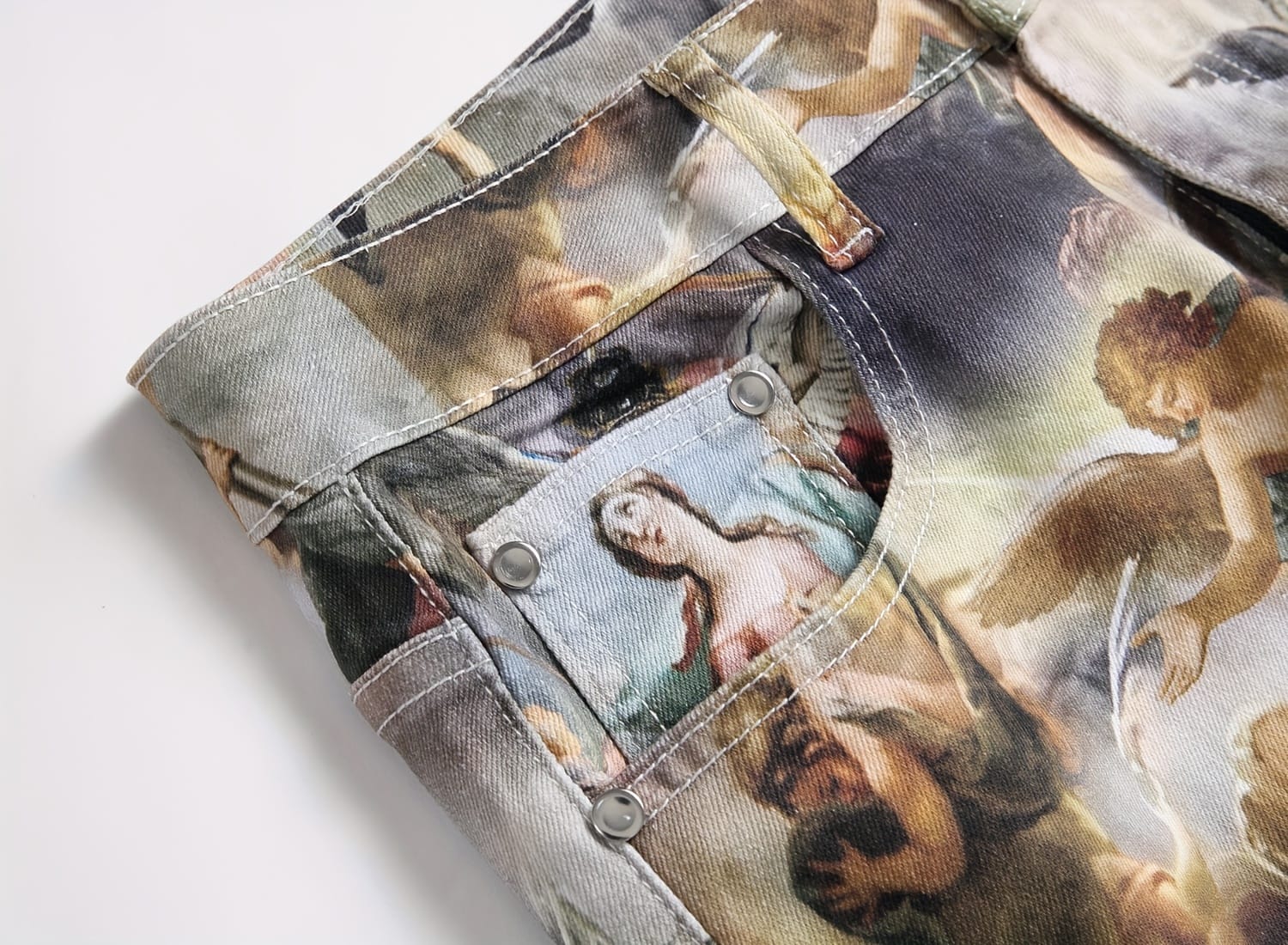 [Popular Choice] 1pc Men's Vintage Renaissance Angel Print Skinny Jeans, Mid Waist Denim with Zipper Fly, Casual Weekend Wear, Washed Detail, Regular Length, Oil Painting, European Art, Fashion Style, Leisure Outing Occasion, Cultivate The Body Version, Spring/Autumn, Fashion Style, Leisure Outing Occasion, Cultivate The Body Version, Spring/Autumn