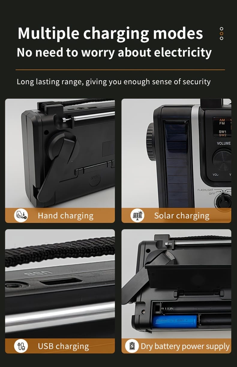 Emergency solar hand crank power emergency radio AM/FM/SW multi-band with LED flashlight, reading lamp, alarm, and mobile phone charging function.