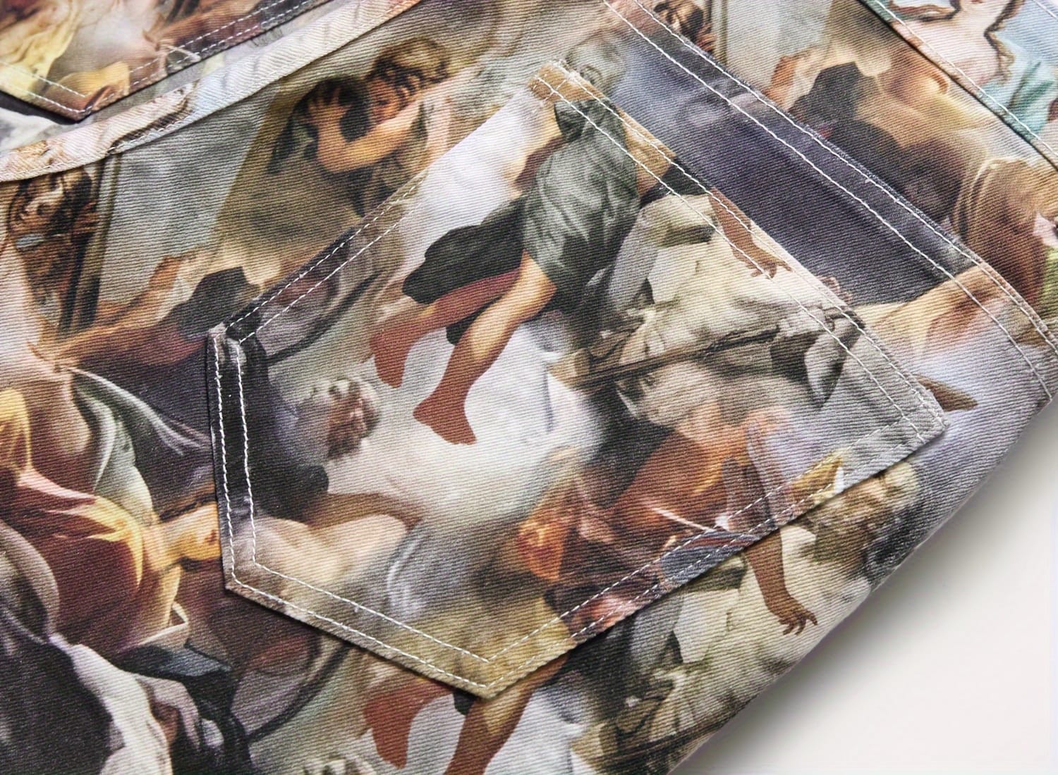 [Popular Choice] 1pc Men's Vintage Renaissance Angel Print Skinny Jeans, Mid Waist Denim with Zipper Fly, Casual Weekend Wear, Washed Detail, Regular Length, Oil Painting, European Art, Fashion Style, Leisure Outing Occasion, Cultivate The Body Version, Spring/Autumn, Fashion Style, Leisure Outing Occasion, Cultivate The Body Version, Spring/Autumn