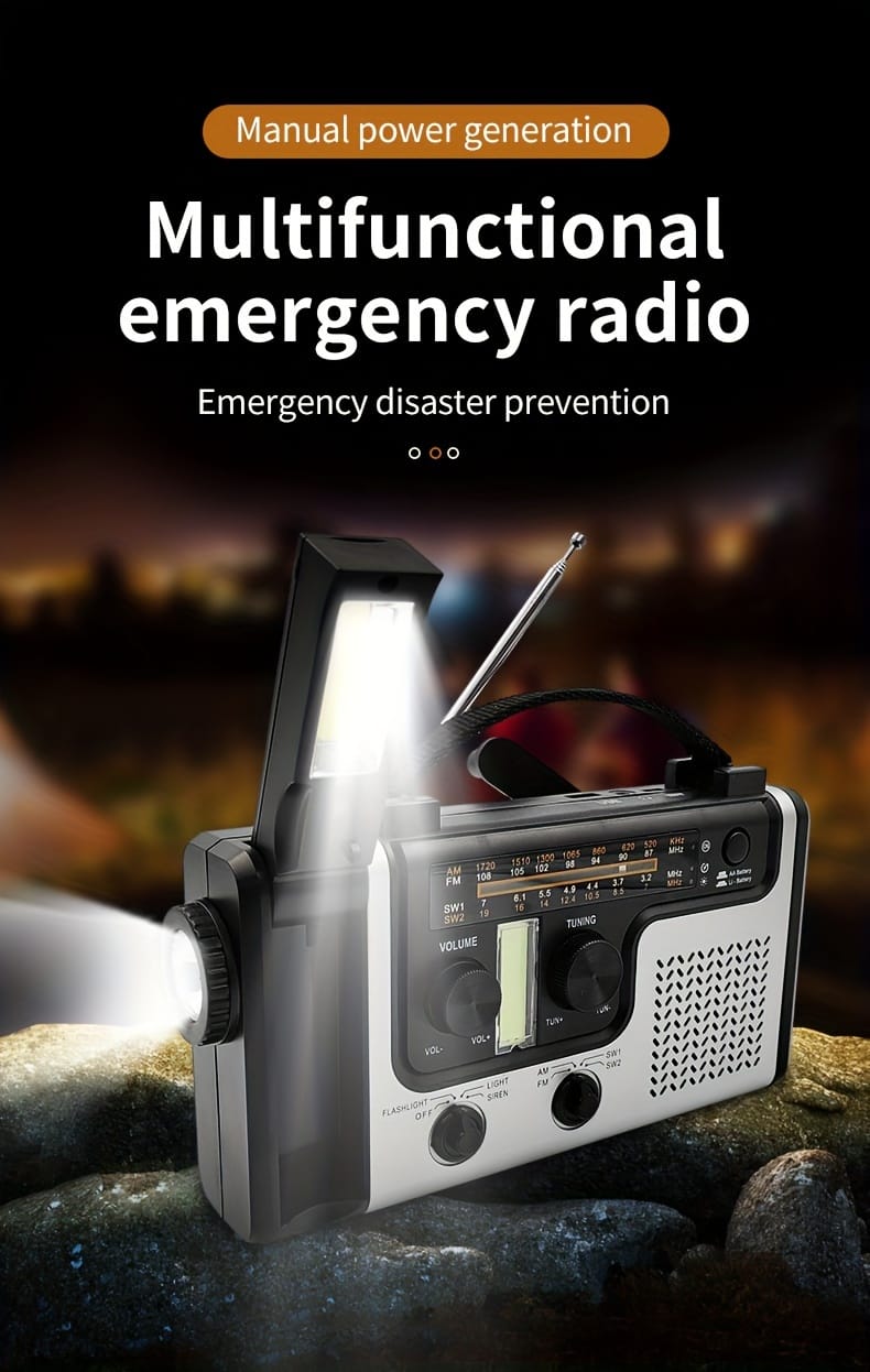 Emergency solar hand crank power emergency radio AM/FM/SW multi-band with LED flashlight, reading lamp, alarm, and mobile phone charging function.