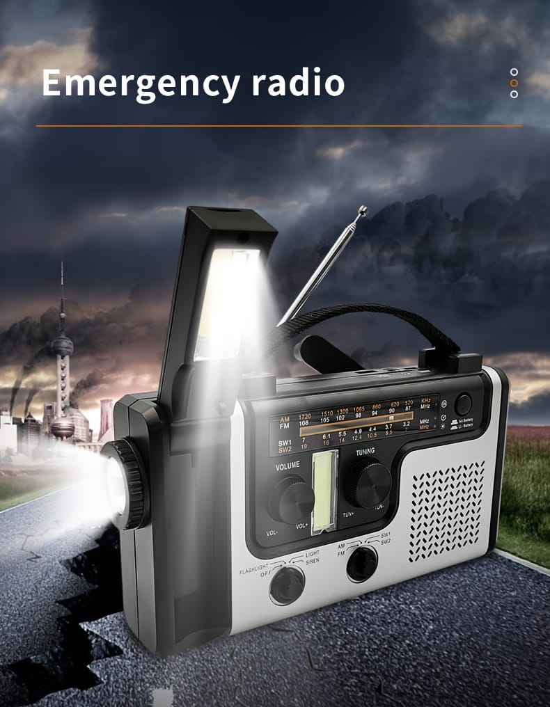 Emergency solar hand crank power emergency radio AM/FM/SW multi-band with LED flashlight, reading lamp, alarm, and mobile phone charging function.