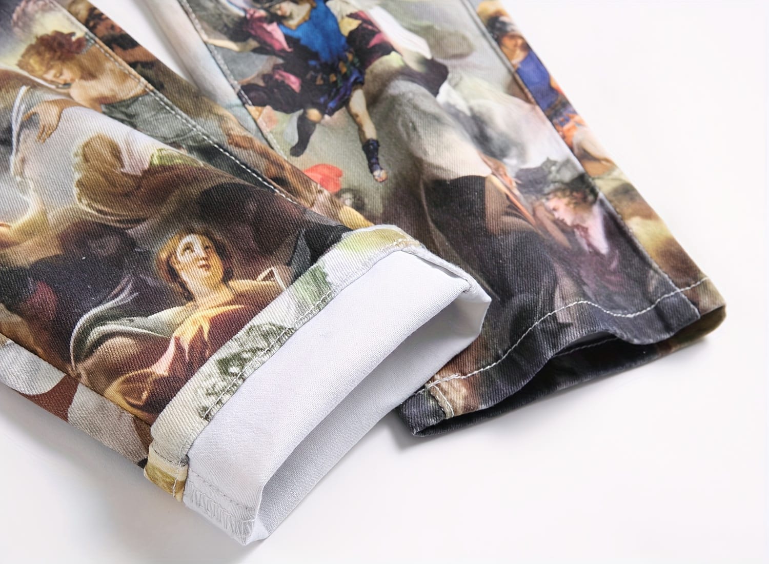 [Popular Choice] 1pc Men's Vintage Renaissance Angel Print Skinny Jeans, Mid Waist Denim with Zipper Fly, Casual Weekend Wear, Washed Detail, Regular Length, Oil Painting, European Art, Fashion Style, Leisure Outing Occasion, Cultivate The Body Version, Spring/Autumn, Fashion Style, Leisure Outing Occasion, Cultivate The Body Version, Spring/Autumn