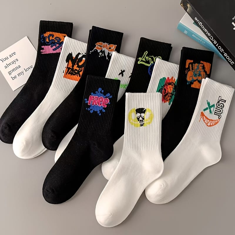 20 Pairs, 10 Pairs, 5 Pairs - Random Color Letter Print Socks, Stylish Mid-Calf Athletic Socks for Basketball, Outdoor & Casual Wear, Polyester Knit Fabric, Hand Washable, Everyday Socks | Vibrant Sock Design | Comfortable Fit