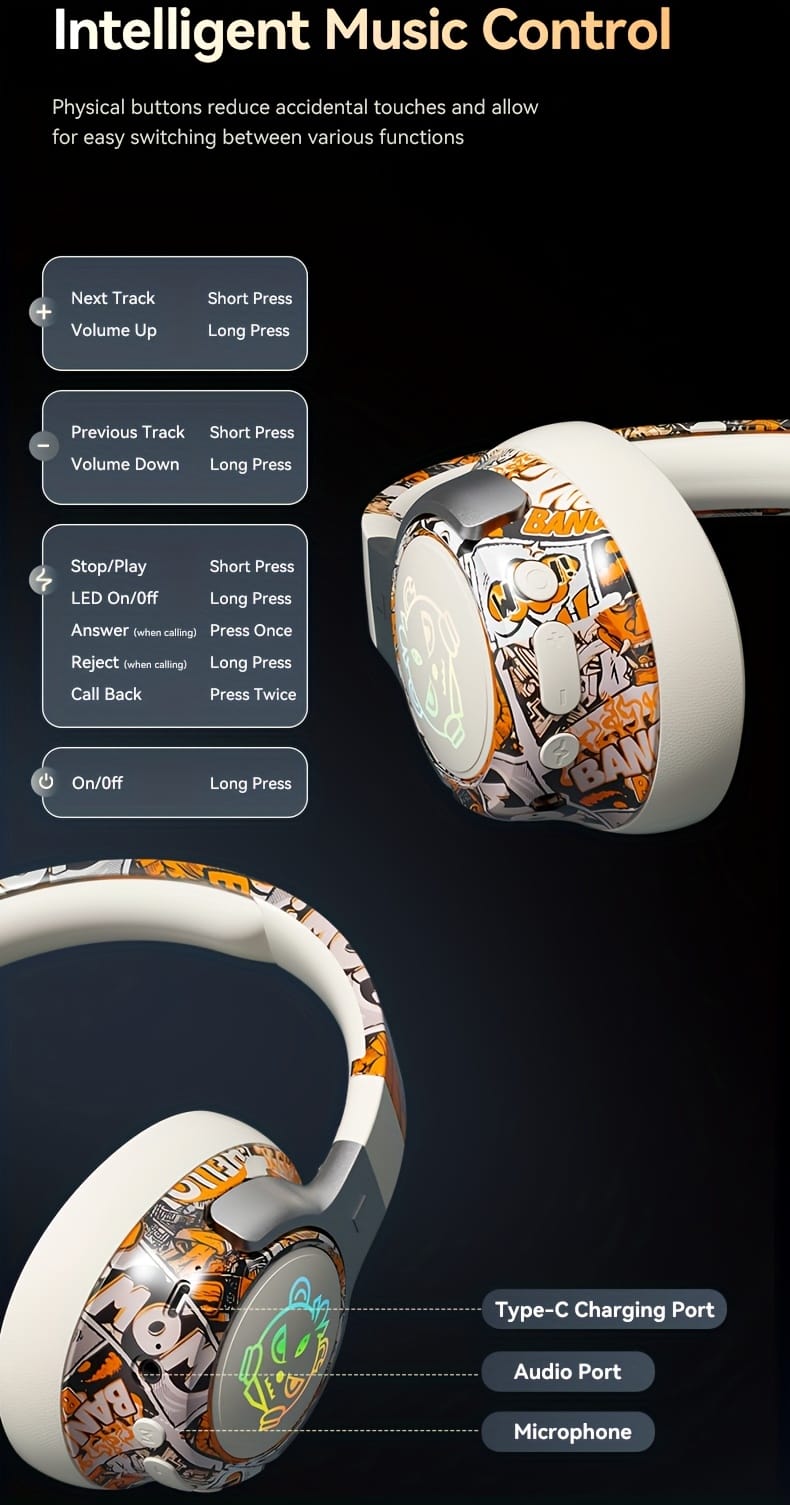 15-Hour Battery Life, Wireless Over-Ear Headphones with Lithium Battery - Low-Power Operation, Ideal for Gaming & Music, Outdoor Use, Push Button Control, Volume Control, No Charging Case, Gaming Headphones|Graffiti Design Headphones|Pushbutton Control Headphones