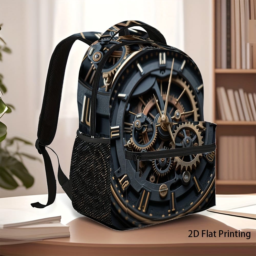 1pc Steampunk Clock Backpack - Adjustable Shoulder Straps, 2D Flat Printing, Mechanical Design, Perfect for Teens & Adults, Casual Outing Gear, Everyday Backpack | Vintage Backpack | Durable Backpack