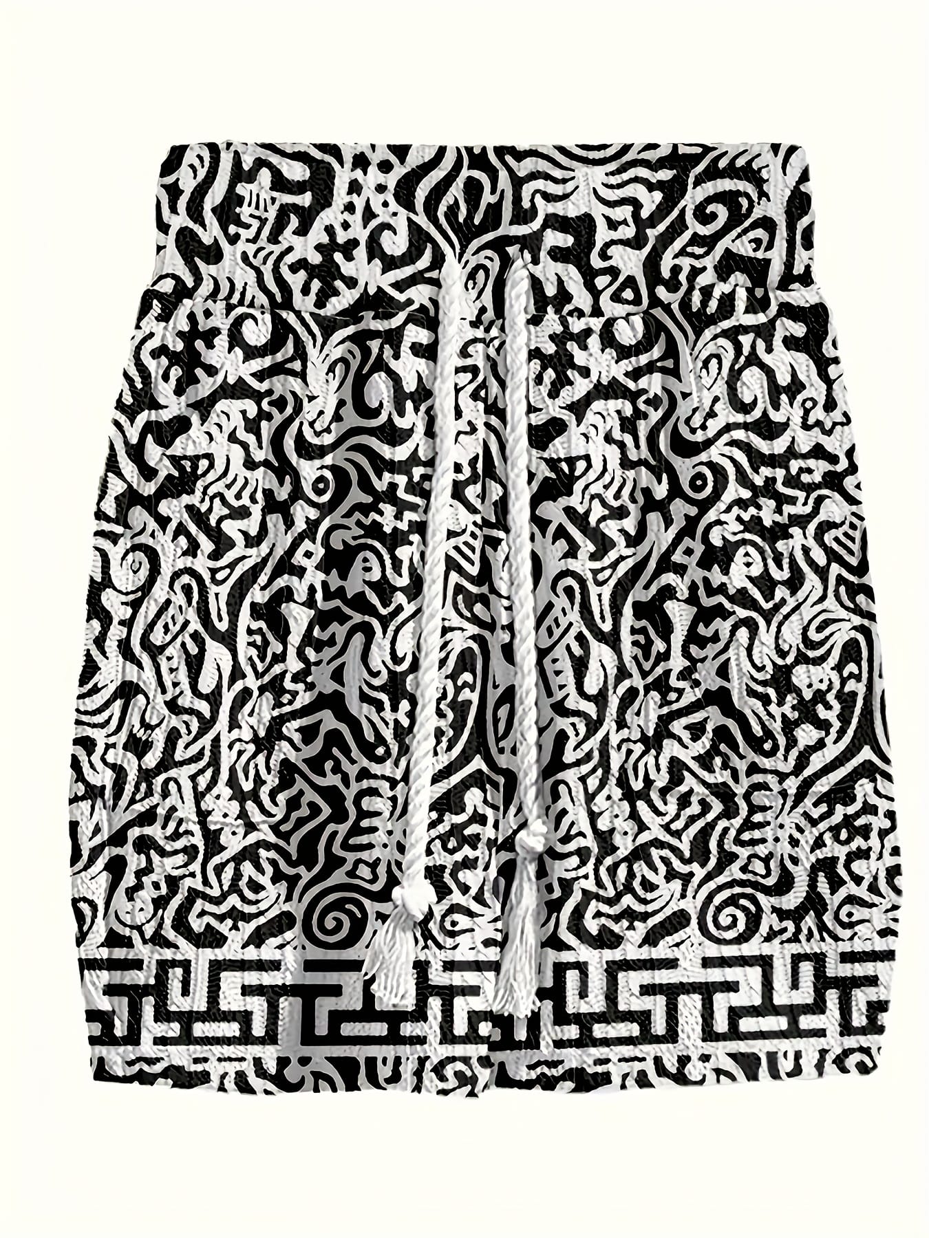 Men's casual vacation style set, white diamond patterned V-neck mid sleeved top paired with black and white geometric printed shorts