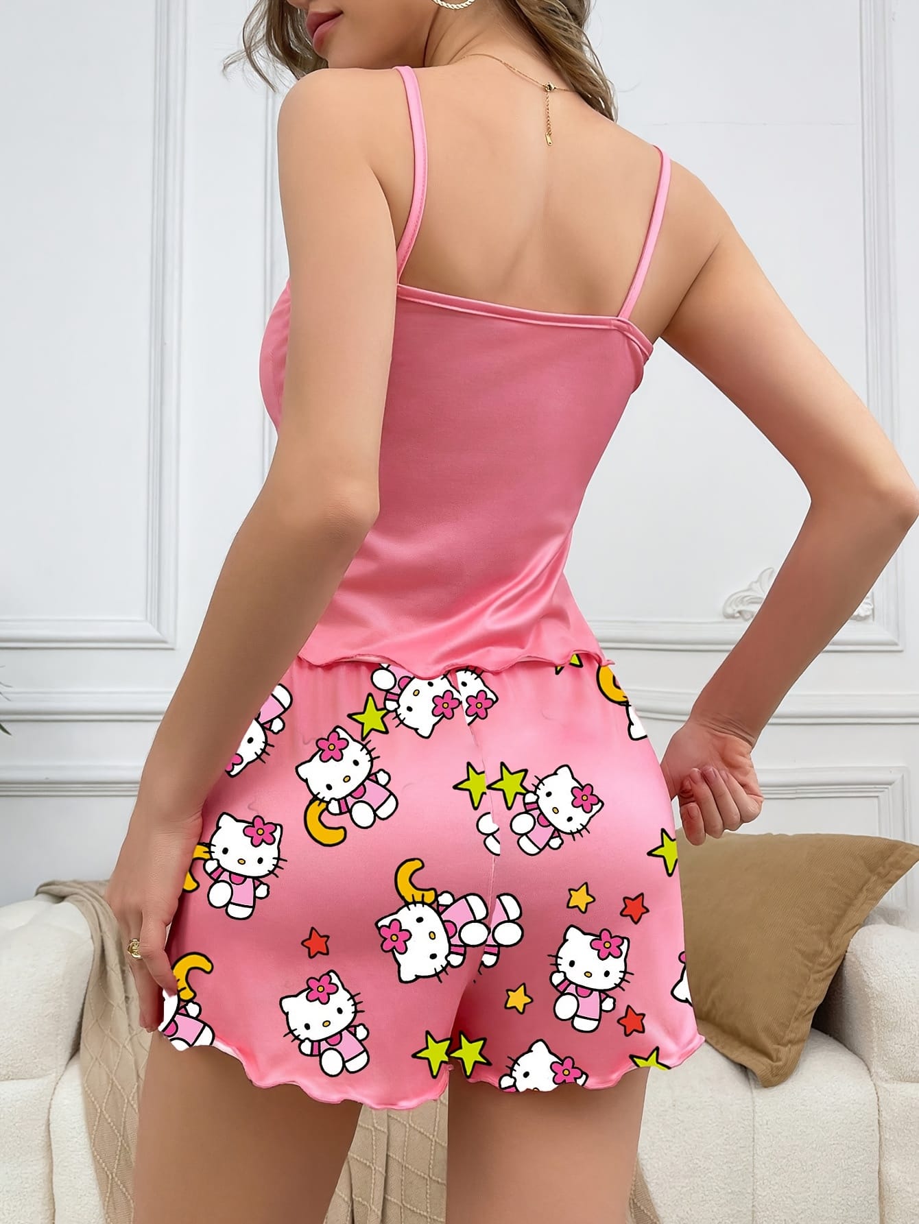 Sanrio Hello Kitty Cartoon Print Casual Sleepwear Set with Camisole Top and Shorts, Comfortable Loose Summer Fit