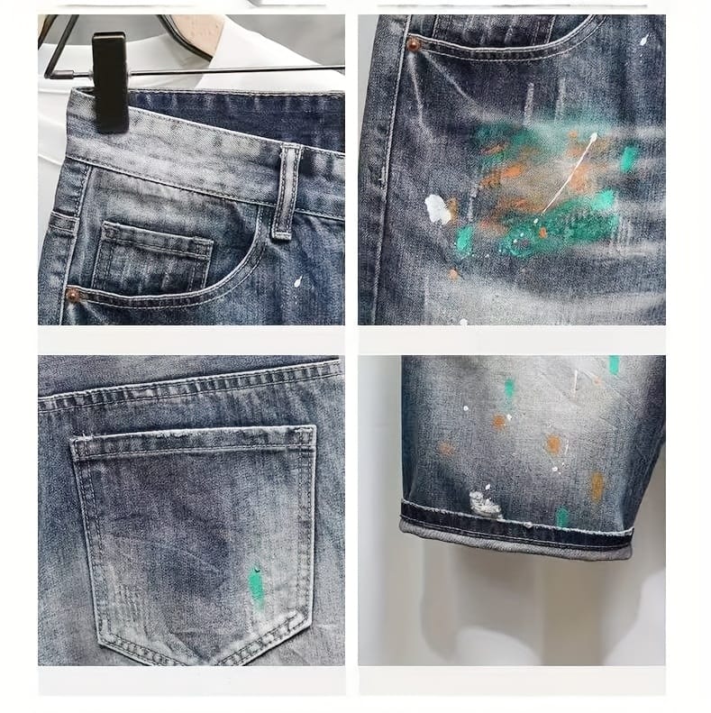 Men'S Non-Stretch Faux Denim Shorts - Classic Five-Pocket Mid-Thigh Length, Machine Washable Everyday Casual Pants for Summer Outfits, Faux Denim Shorts, Relaxed Fit, Geometric Pattern, Sturdy Construction, Streetwear Style, Outdoor Clothing, Durable Fabric, Urban Style