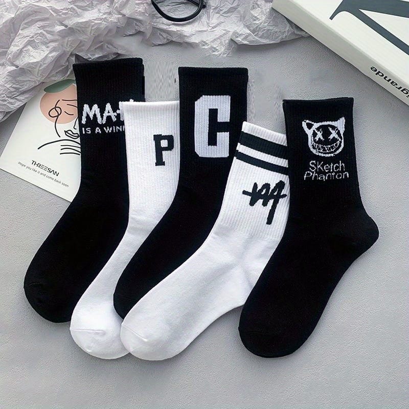 5/10 Pairs Black & White Mid-Calf Socks - 97% Polyester 3% Spandex, All-Season Comfort, Solid Black & White, Durable Knit Fabric, Hand Wash/Dry Clean, Versatile Casual Wear