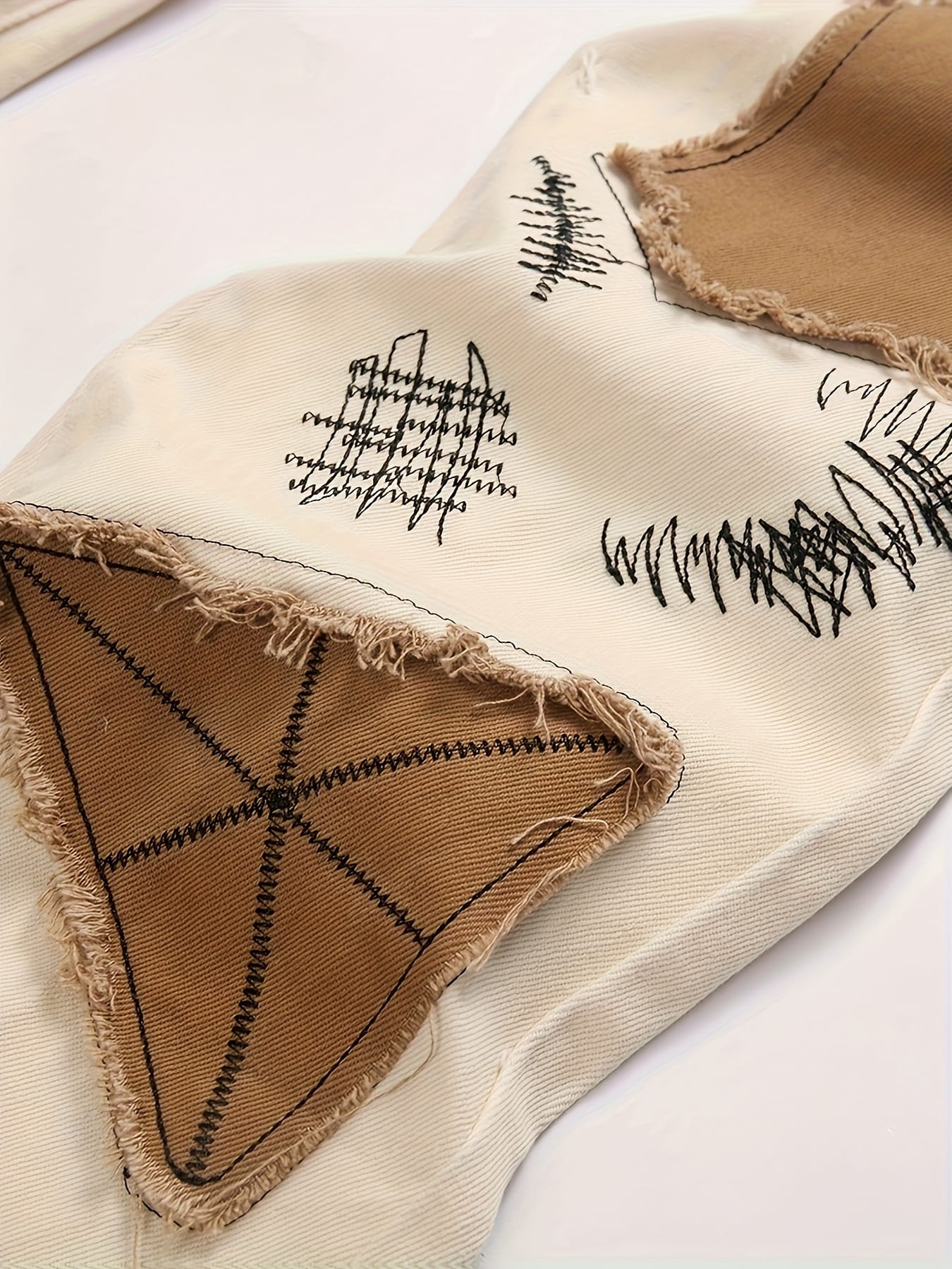 Men'S Slim-Fit Stretch Denim Jeans with Color-Block Brown Patches & Distressed Details - Casual Spring/Fall Trousers, Regular Length, Light Beige & Brown Contrast Design, Spring Fall Attire, Fashionforward Style, Durable Fabric