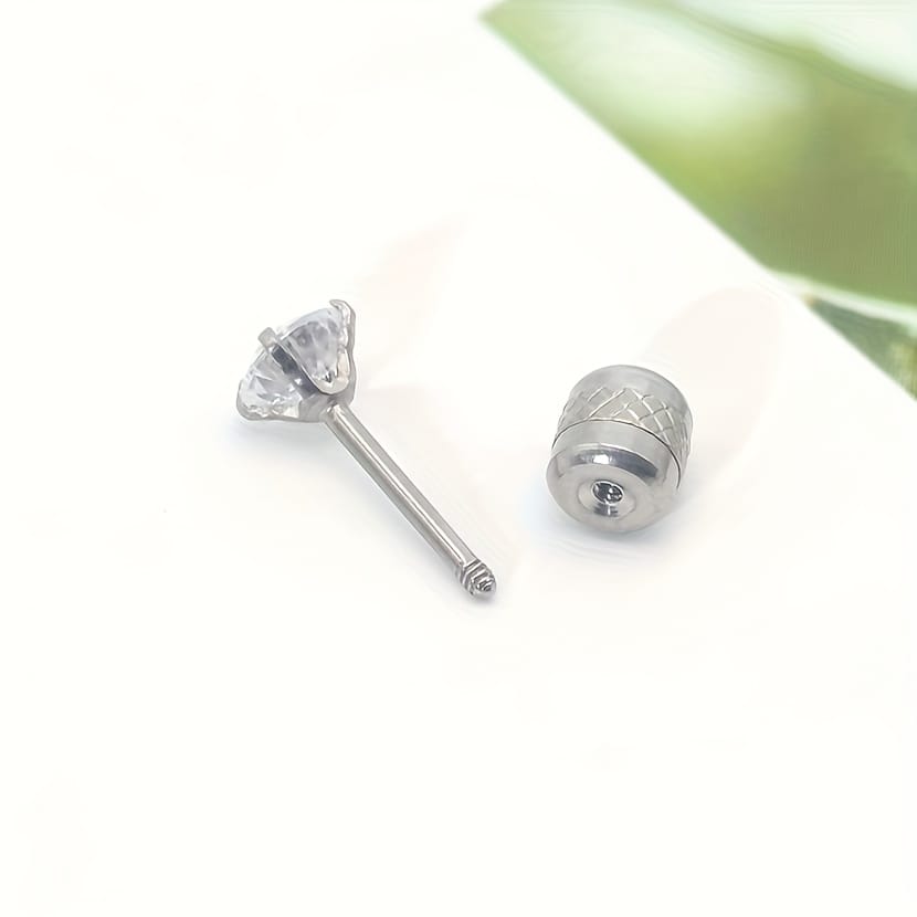 2pcs Stainless Steel Earrings, 4mm White Synthetic Zirconia with Embossed Floral Rhinestone Earbuds, Screw Post Design, Daily & Party Wear, Mardi Gras, St. Patrick's, Mother'S Day Gift