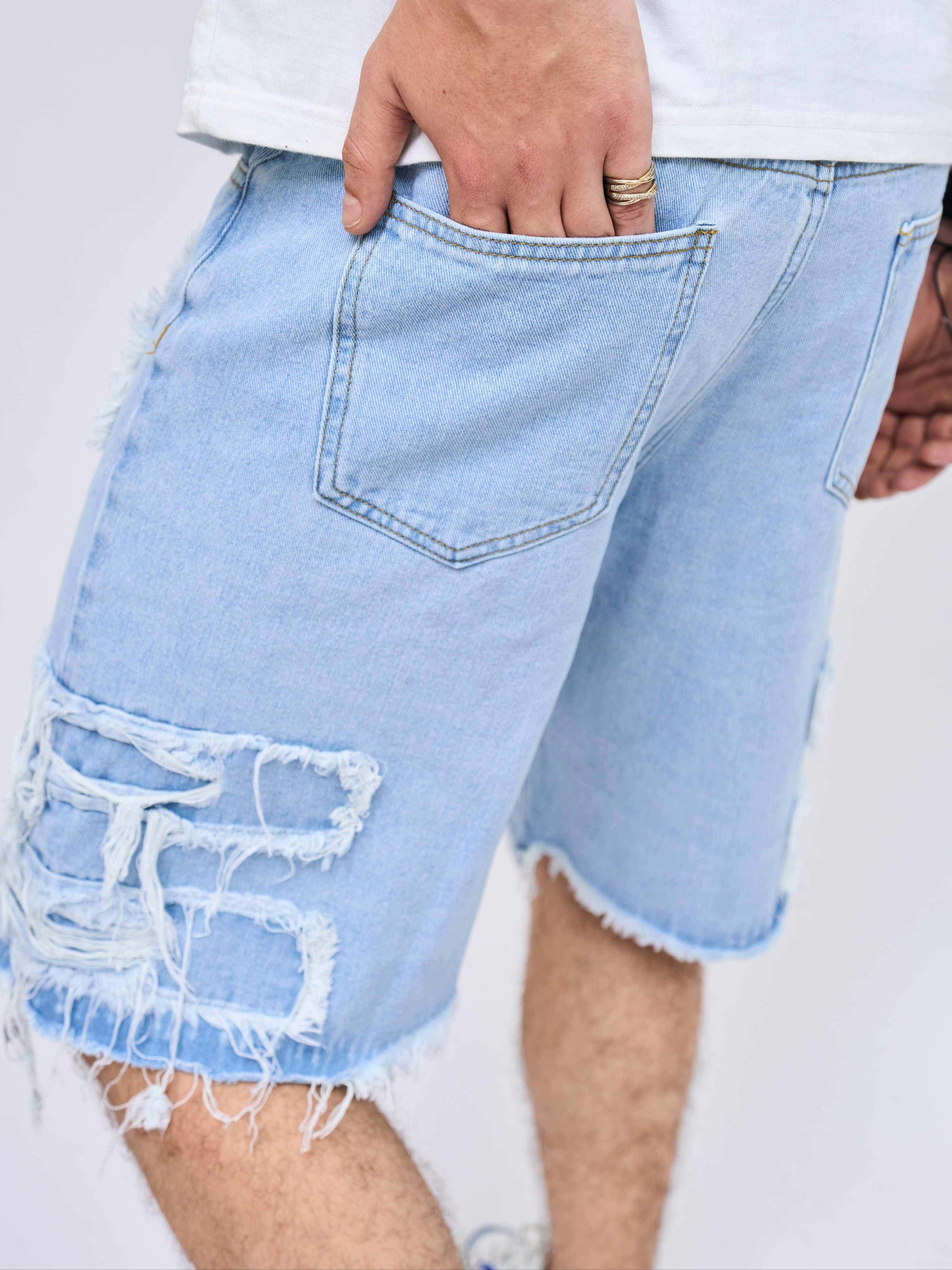Men's Distressed Blue Jeans - Relaxed Fit Mid-Calf Length with Pre-Faded Knees & Frayed Hems, Machine Washable Casual Streetwear Shorts for Summer