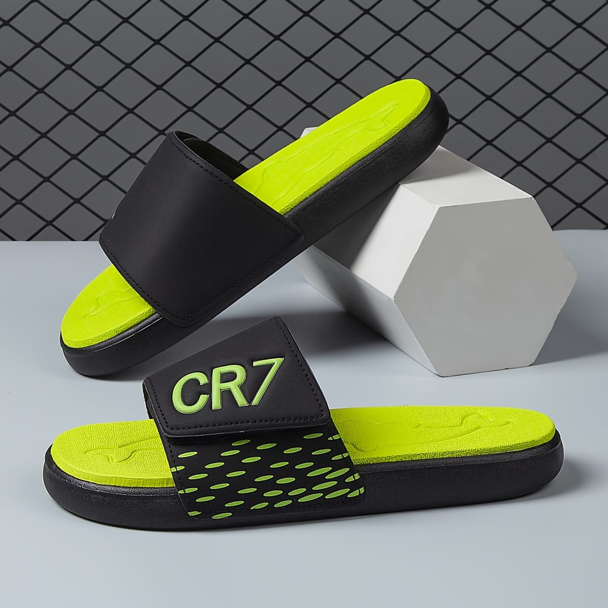 Men's Slip-On Sandals with Adjustable Upper - Quick-Dry Cushioned Footbed, Non-Slip Beach & Gym Slippers - Neon Green Accent - Soft EVA Closed-Toe Shoes for Sports, Pool, Casual Wear - Unisex Design, Sports Footwear, Sporty Slipon, Antislip Sole