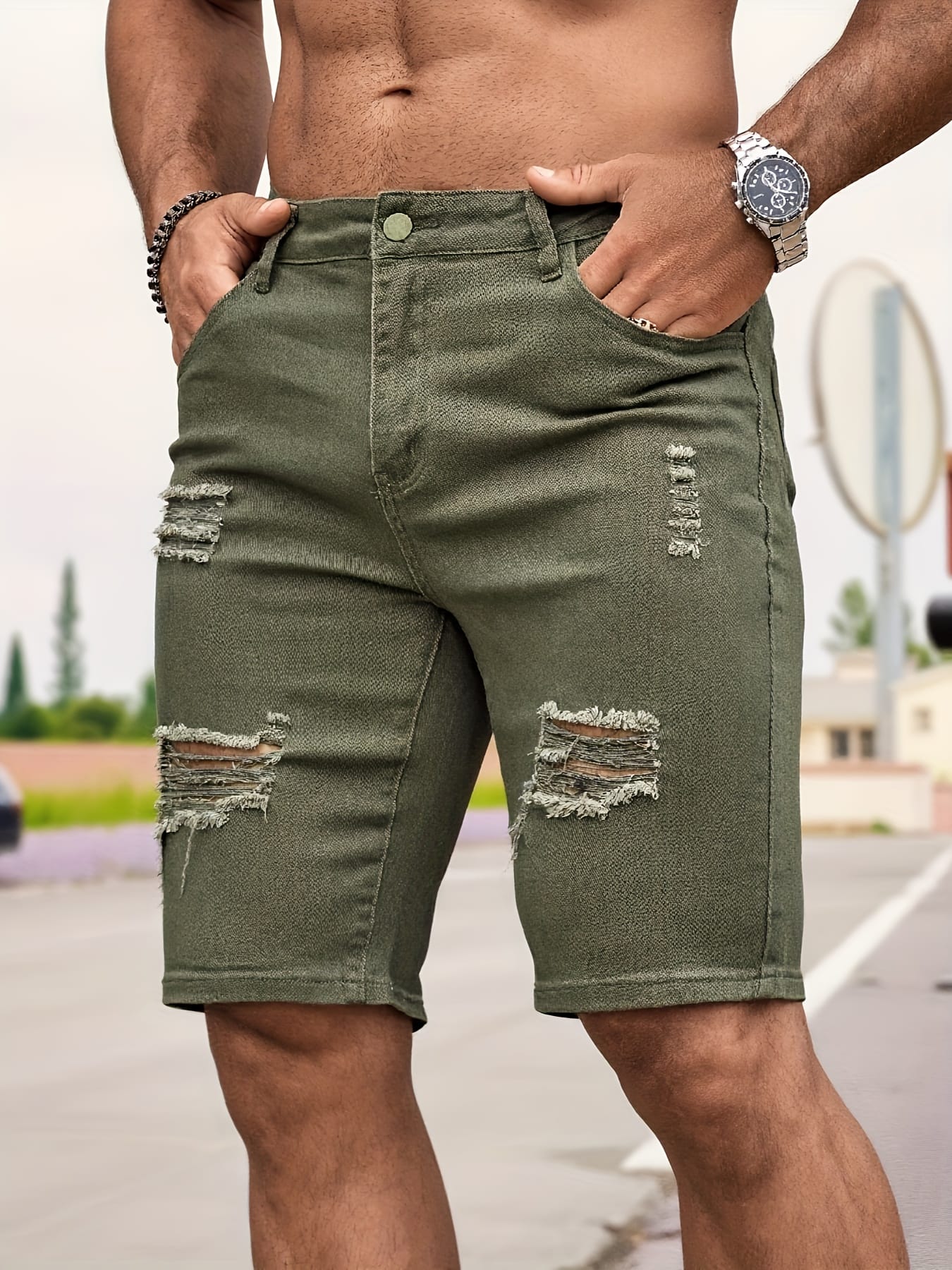 Denim Shorts in Army Green