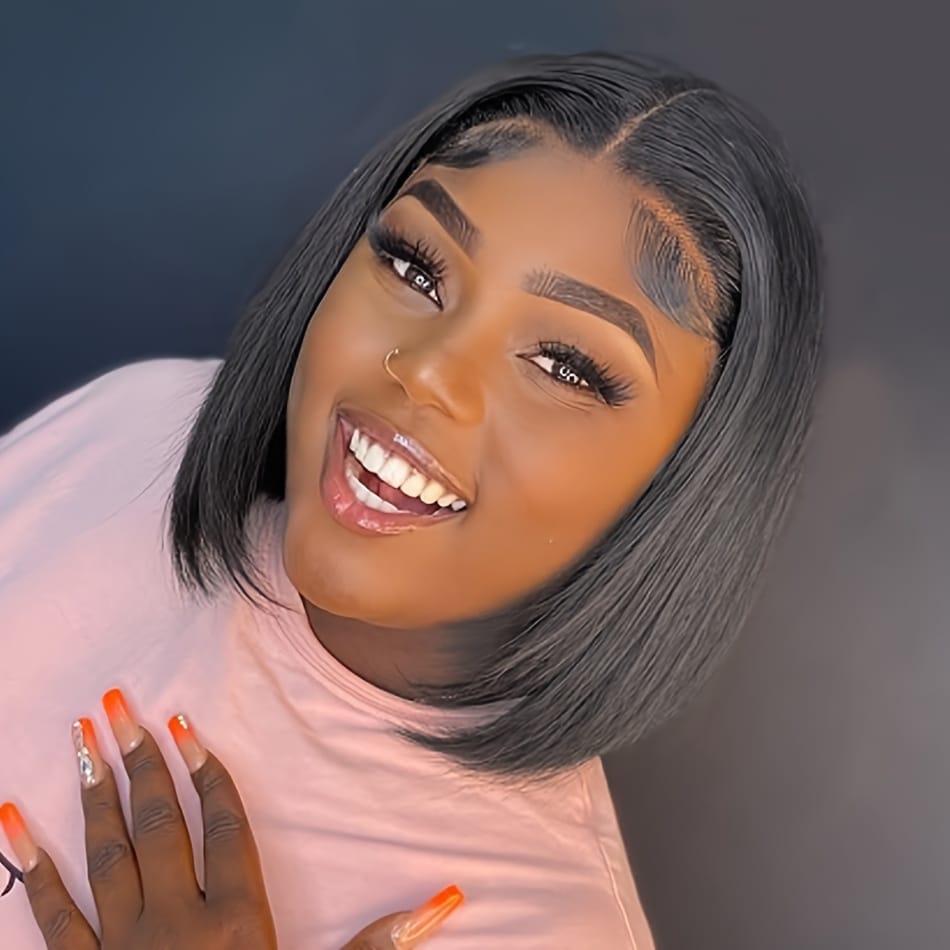 A 13X4 Lace Front Human Hair Wig Featuring a Short Straight Bob Style, Complete with Baby Hair And Pre-Plucked HD Lace. This Brazilian Remy Human Hair Wig for Women Has a Density of 150%.