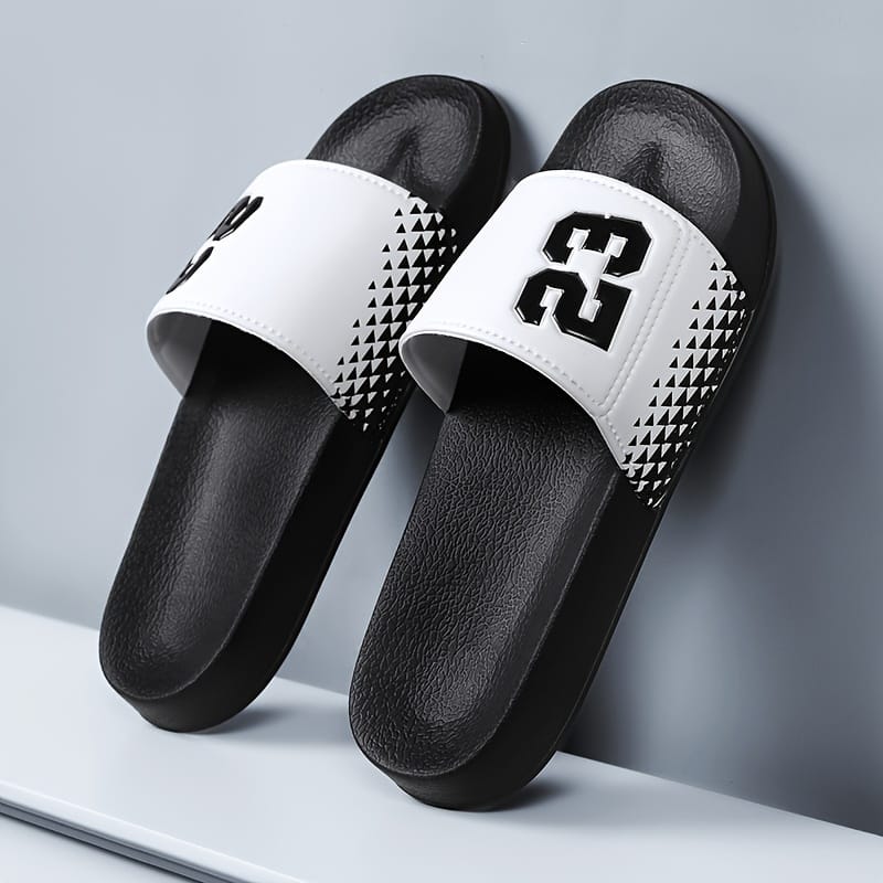 Men's Retro Streetwear Slip-On Sandals - Anti-Slip EVA Foam Casual Shoes with Checkerboard Pattern & Bold '23' Design, Black/Red Colorway for Indoor/Outdoor Use in Spring Summer Fall, Versatile Footwear, Slipresistant Footwear, Indoor Slippers, Urban Style, Durable Footwear, Antislip Soles, Casual Attire