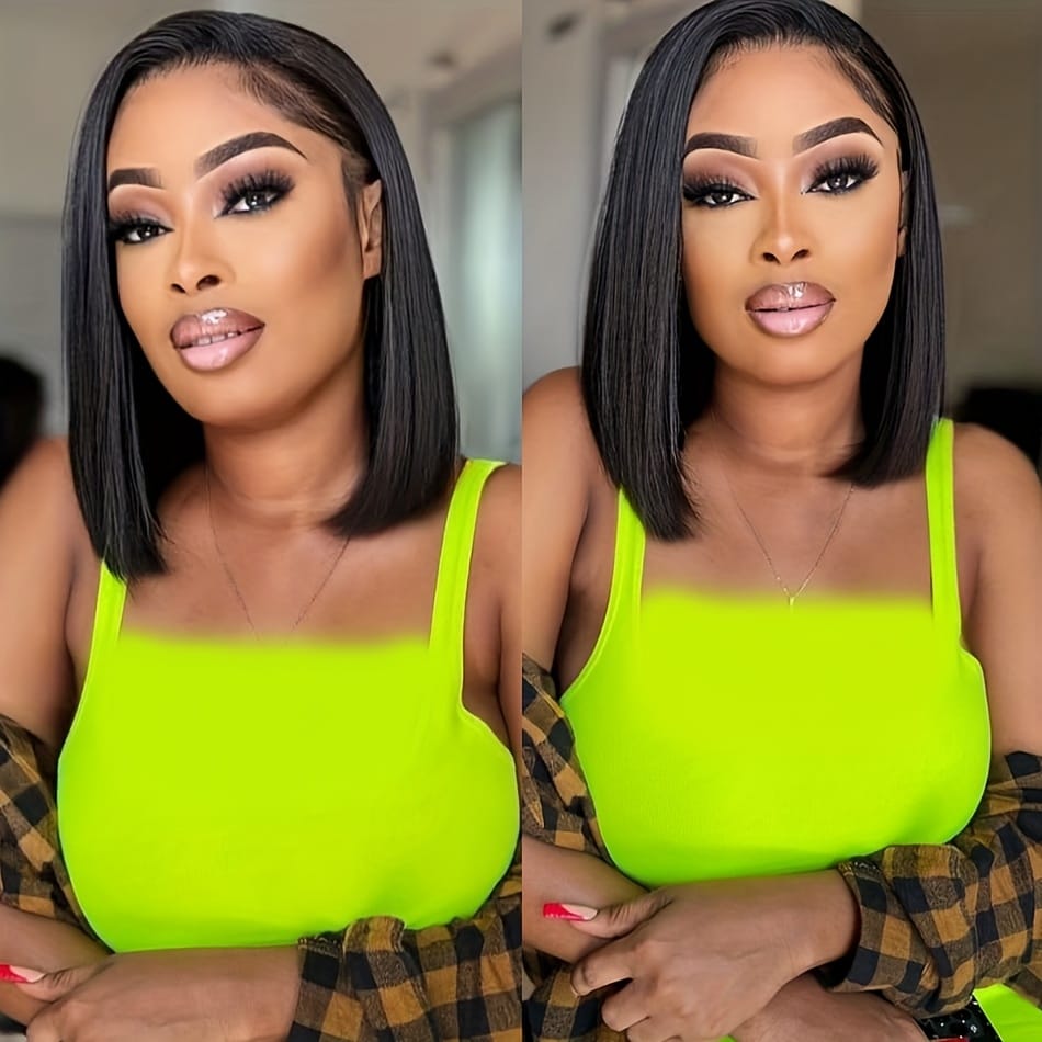 A 13X4 Lace Front Human Hair Wig Featuring a Short Straight Bob Style, Complete with Baby Hair And Pre-Plucked HD Lace. This Brazilian Remy Human Hair Wig for Women Has a Density of 150%.