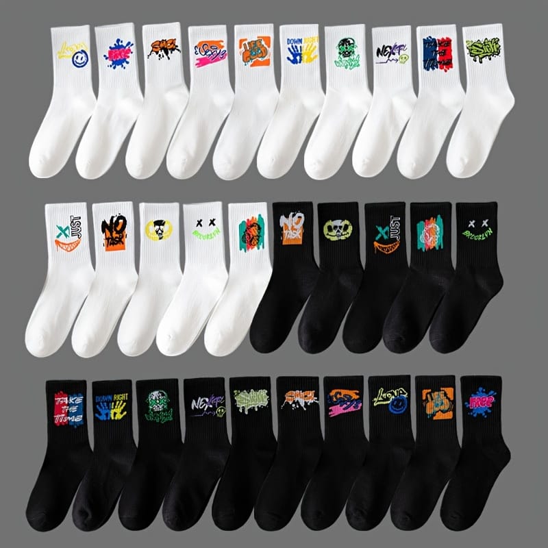 20 Pairs, 10 Pairs, 5 Pairs - Random Color Letter Print Socks, Stylish Mid-Calf Athletic Socks for Basketball, Outdoor & Casual Wear, Polyester Knit Fabric, Hand Washable, Everyday Socks | Vibrant Sock Design | Comfortable Fit