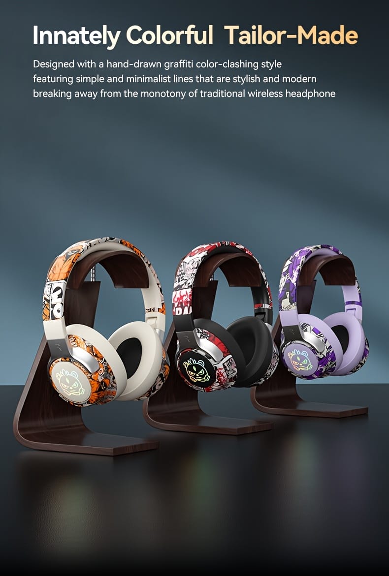 15-Hour Battery Life, Wireless Over-Ear Headphones with Lithium Battery - Low-Power Operation, Ideal for Gaming & Music, Outdoor Use, Push Button Control, Volume Control, No Charging Case, Gaming Headphones|Graffiti Design Headphones|Pushbutton Control Headphones