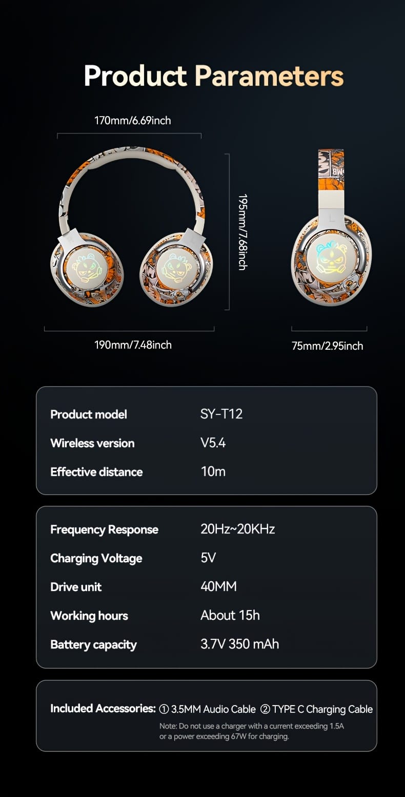 15-Hour Battery Life, Wireless Over-Ear Headphones with Lithium Battery - Low-Power Operation, Ideal for Gaming & Music, Outdoor Use, Push Button Control, Volume Control, No Charging Case, Gaming Headphones|Graffiti Design Headphones|Pushbutton Control Headphones