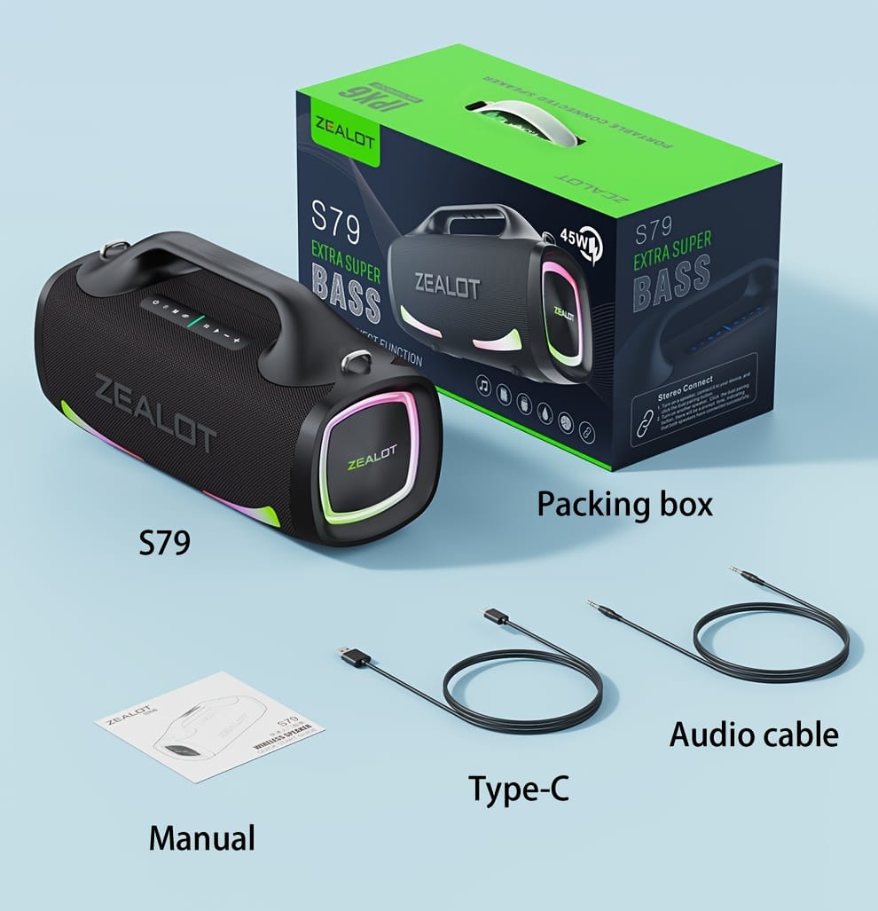 ZEALOT S79 Wireless Speakers, Outdoor Portable Subwoofer Speaker, IPX 5, Wireless Speaker, Dual Pairing, Long Battery Life, 36Hours Playtime Loud Stereo, Booming Bass. Charging Cable, Connect with Mobile Phone/Tablet/TV. for Home, Car, Outdoor, Camping, PartyBox.