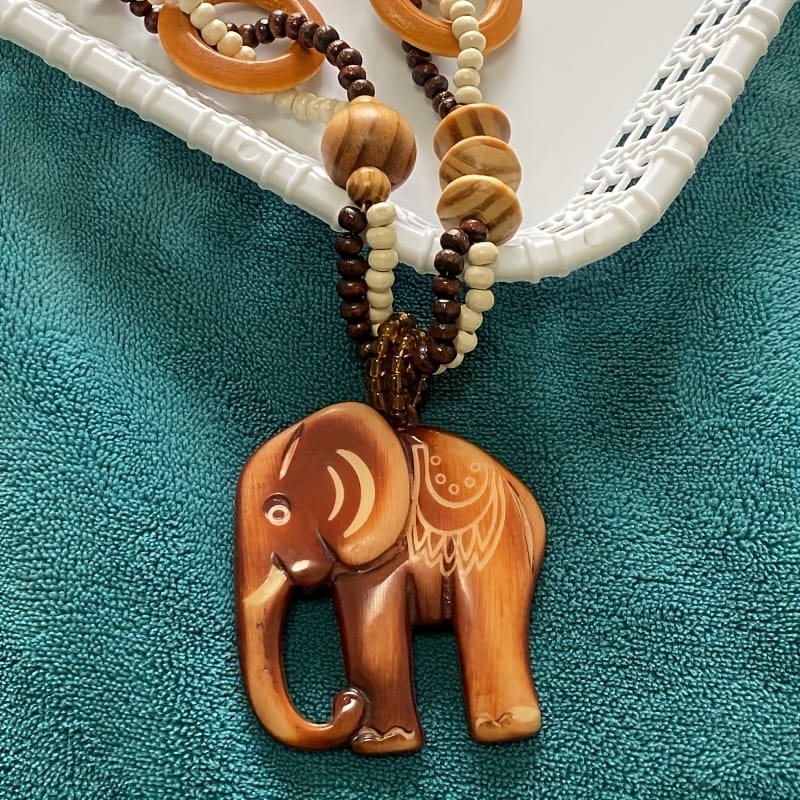 Handcrafted Wooden Ivory Elephant Pendant Necklace - Bohemian Vintage Unisex Jewelry with Bead Accents, Natural Wood Grain Texture for Men & Women, Year-Round Festival & Party Accessory, Elephant Jewelry, Versatile Fashion Piece, Minimalist Design, Earthy Tone Beads