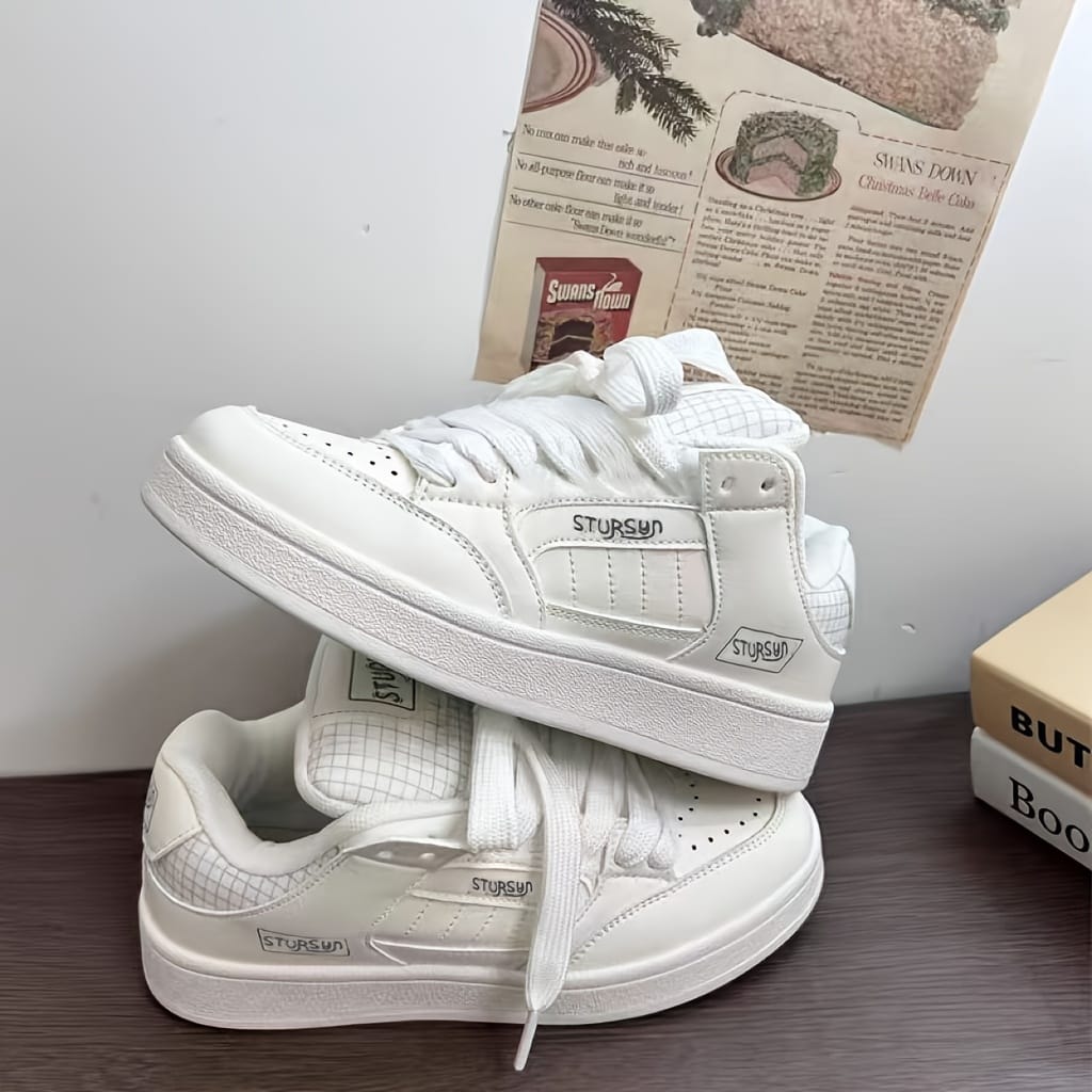 Women's Low-Top Sneakers - White Lace-Up Shoes, Synthetic Cover Upper & Non-Slip Rubber Sole, Cushioned Interior for Everyday & Formal Wear - All-Season Comfortable Casual Shoes for Women