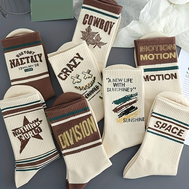 4/8 Pairs Retro Letter Print Casual Socks for Men & Women - Mid-Calf Athletic Socks with Bold Graphic Design, Breathable Polyester, Hand Wash/Dry Clean, Vintage Style for Casual Attire, Socks, Everyday Footwear, Stylish Lettering, Durable Socks, Comfortable Sock Material, Everyday Essentials, Sporty Look, Soft Sock Material, Unisex Socks, Casual Wearers