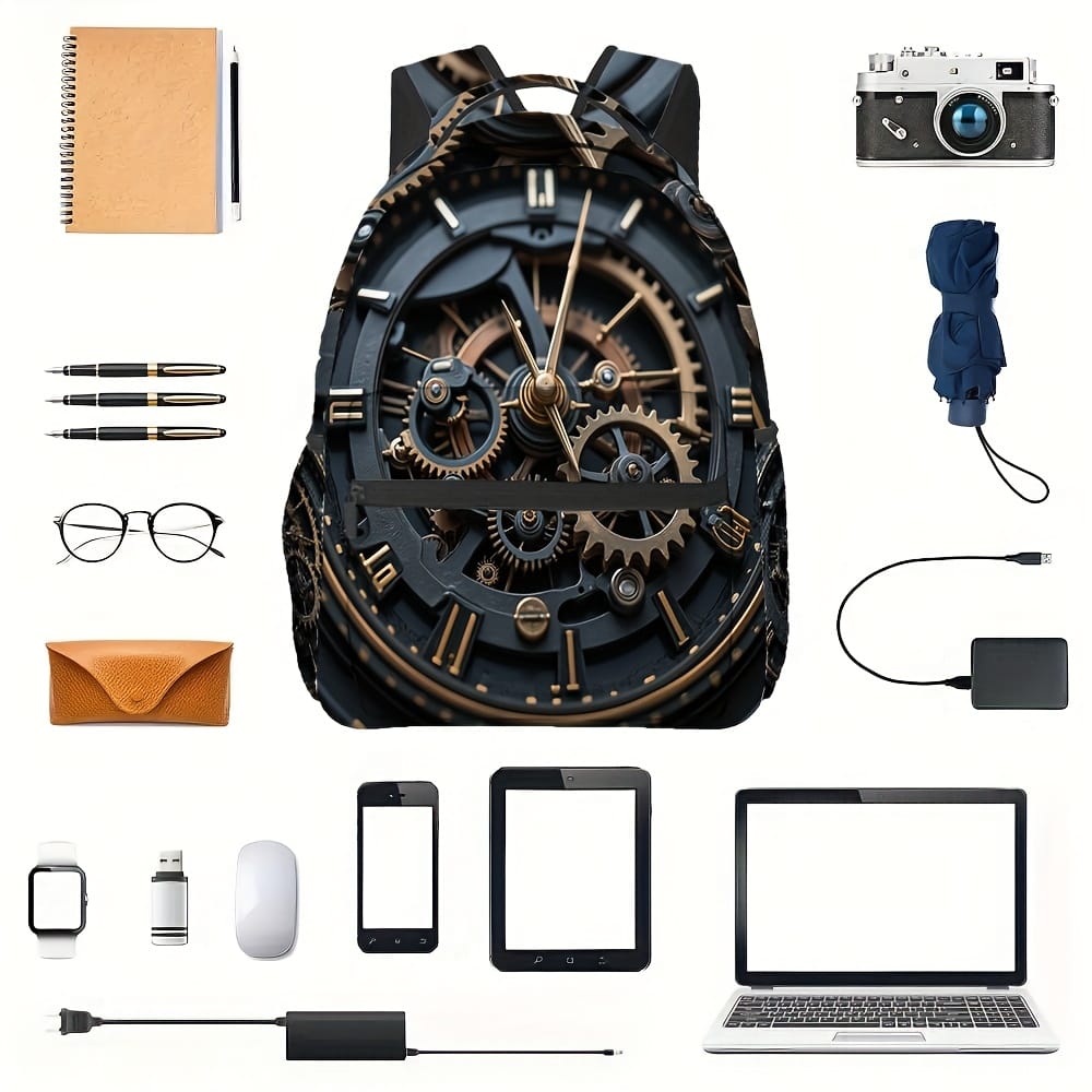 1pc Steampunk Clock Backpack - Adjustable Shoulder Straps, 2D Flat Printing, Mechanical Design, Perfect for Teens & Adults, Casual Outing Gear, Everyday Backpack | Vintage Backpack | Durable Backpack