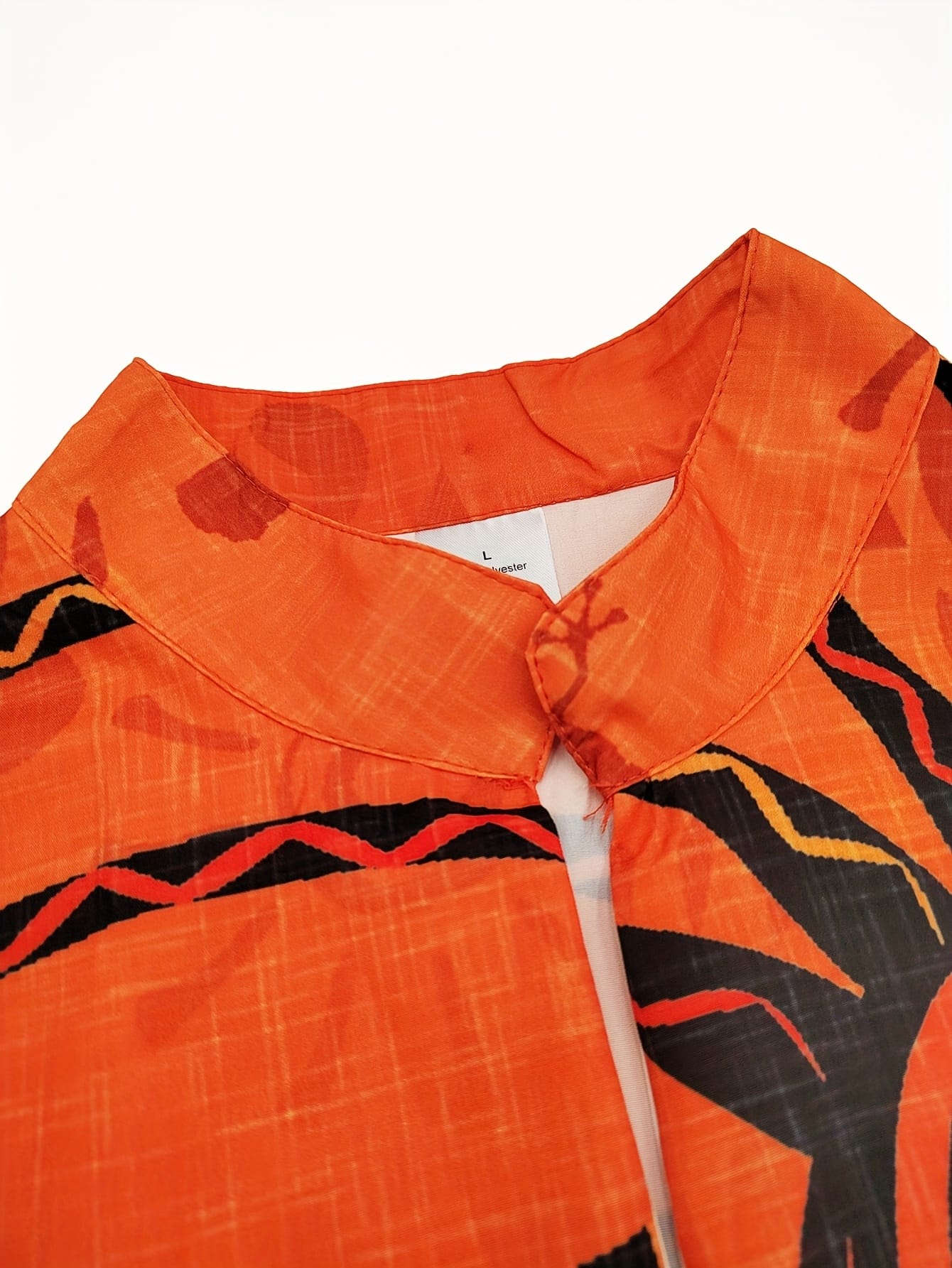 Men'S Vibrant Abstract Geometric Print Shirt - Casual Mandarin Collar Short Sleeve, Orange with Black & White Patterns, Lightweight Summer Outdoor & Party Wear, Button-Up Front, Regular Fit, Nonelastic Fabric