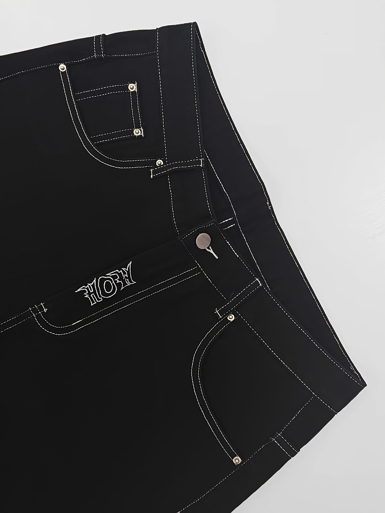 Skull Embroidered Loose Denim Shorts, Letter Embroidery Jeans, Street Style Retro Fashion Denim Shorts