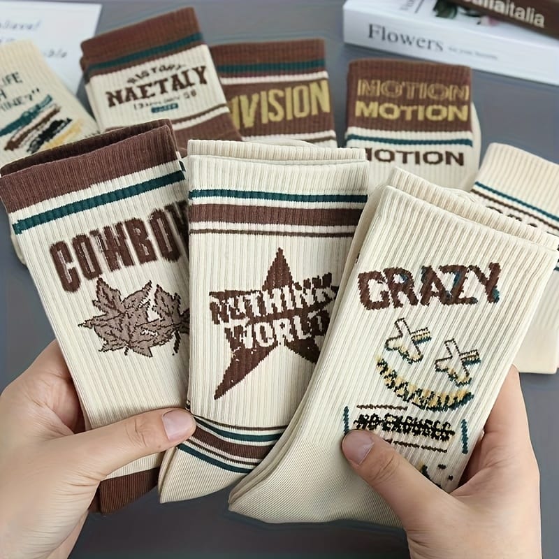 4/8 Pairs Retro Letter Print Casual Socks for Men & Women - Mid-Calf Athletic Socks with Bold Graphic Design, Breathable Polyester, Hand Wash/Dry Clean, Vintage Style for Casual Attire, Socks, Everyday Footwear, Stylish Lettering, Durable Socks, Comfortable Sock Material, Everyday Essentials, Sporty Look, Soft Sock Material, Unisex Socks, Casual Wearers