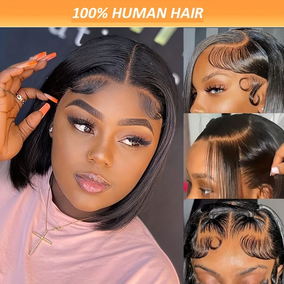 A 13X4 Lace Front Human Hair Wig Featuring a Short Straight Bob Style, Complete with Baby Hair And Pre-Plucked HD Lace. This Brazilian Remy Human Hair Wig for Women Has a Density of 150%.