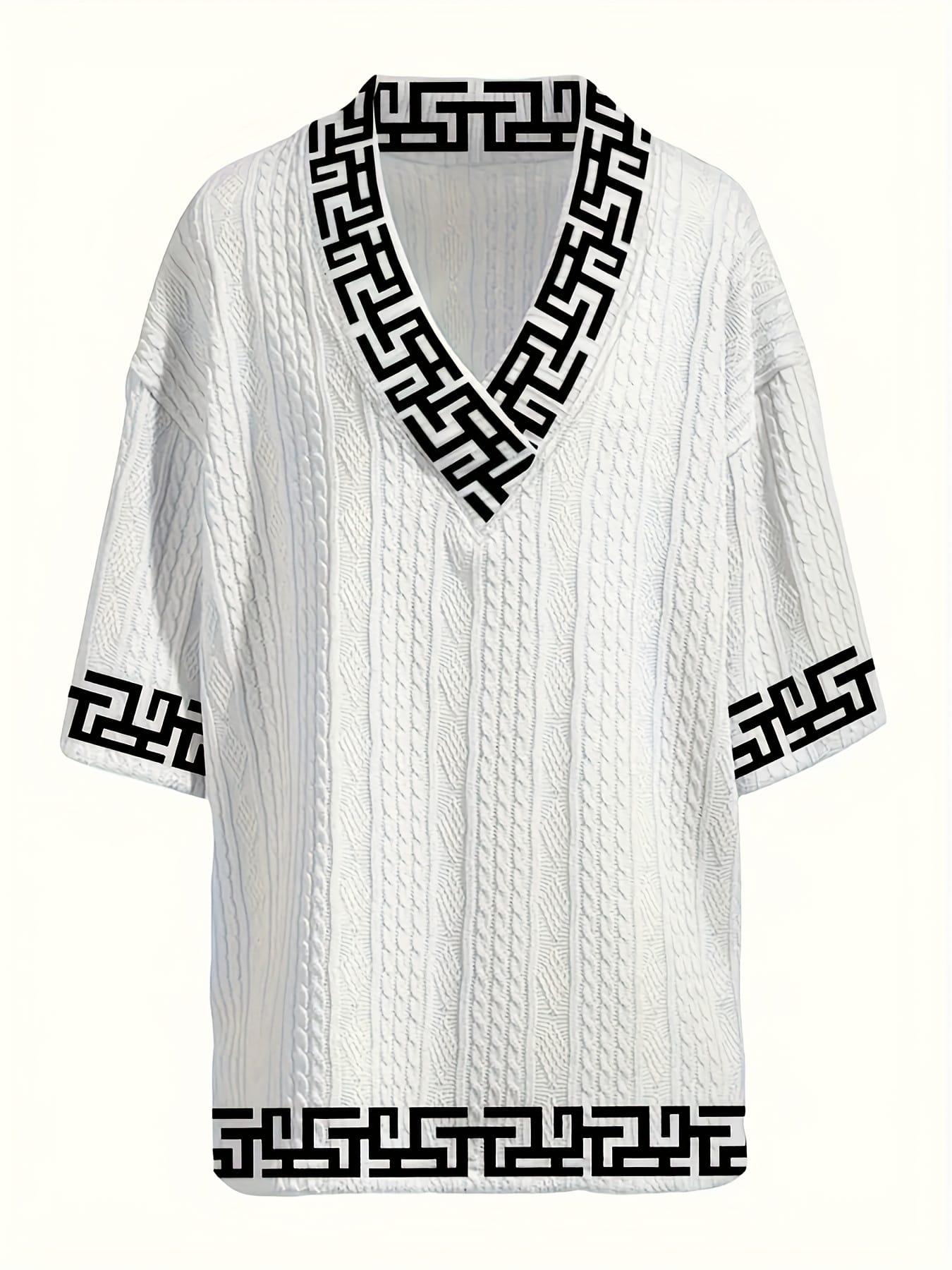 Men's casual vacation style set, white diamond patterned V-neck mid sleeved top paired with black and white geometric printed shorts