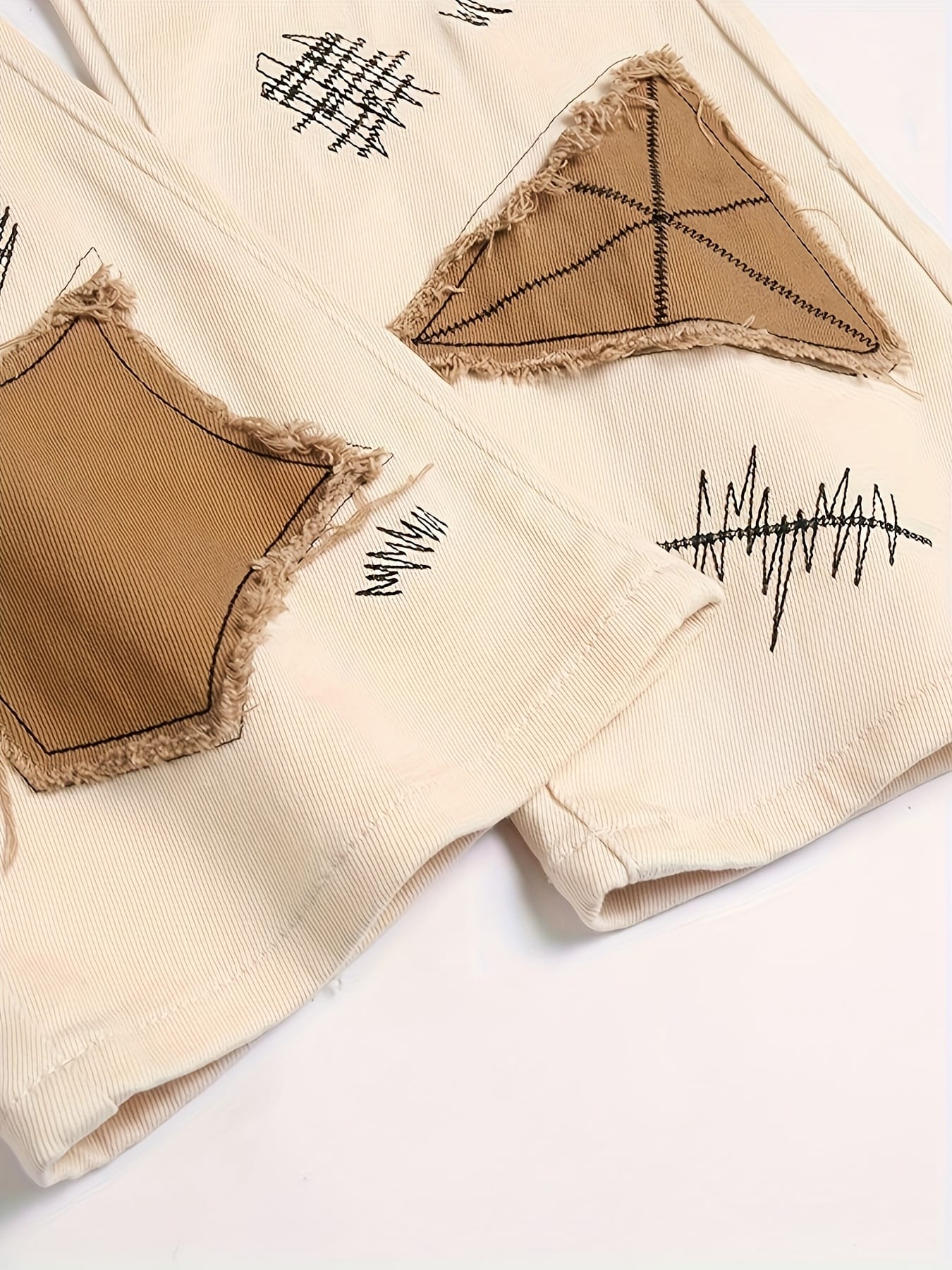 Men'S Slim-Fit Stretch Denim Jeans with Color-Block Brown Patches & Distressed Details - Casual Spring/Fall Trousers, Regular Length, Light Beige & Brown Contrast Design, Spring Fall Attire, Fashionforward Style, Durable Fabric